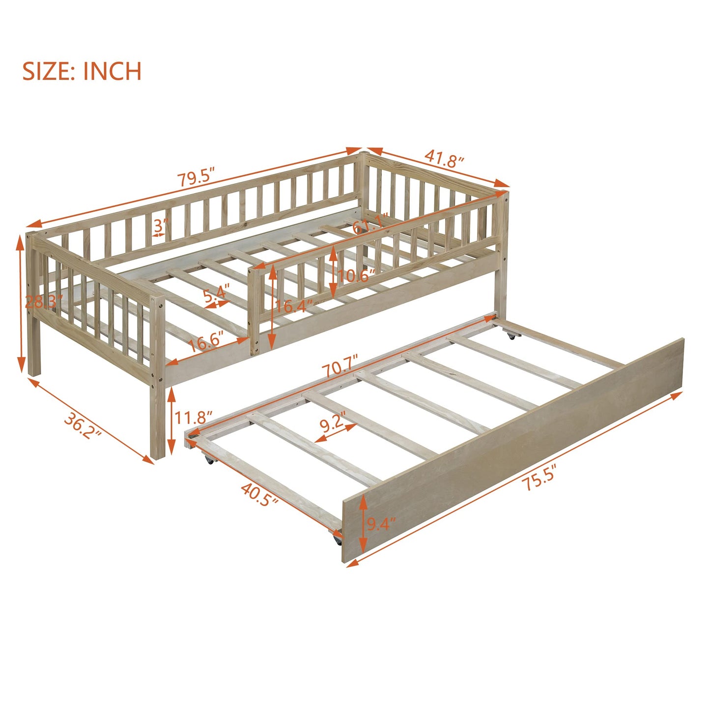 Bellemave Twin Bed Frames with Rails for Kids, Twin daybed Frame with Trundle for Boys/Girls/Adults, Natural