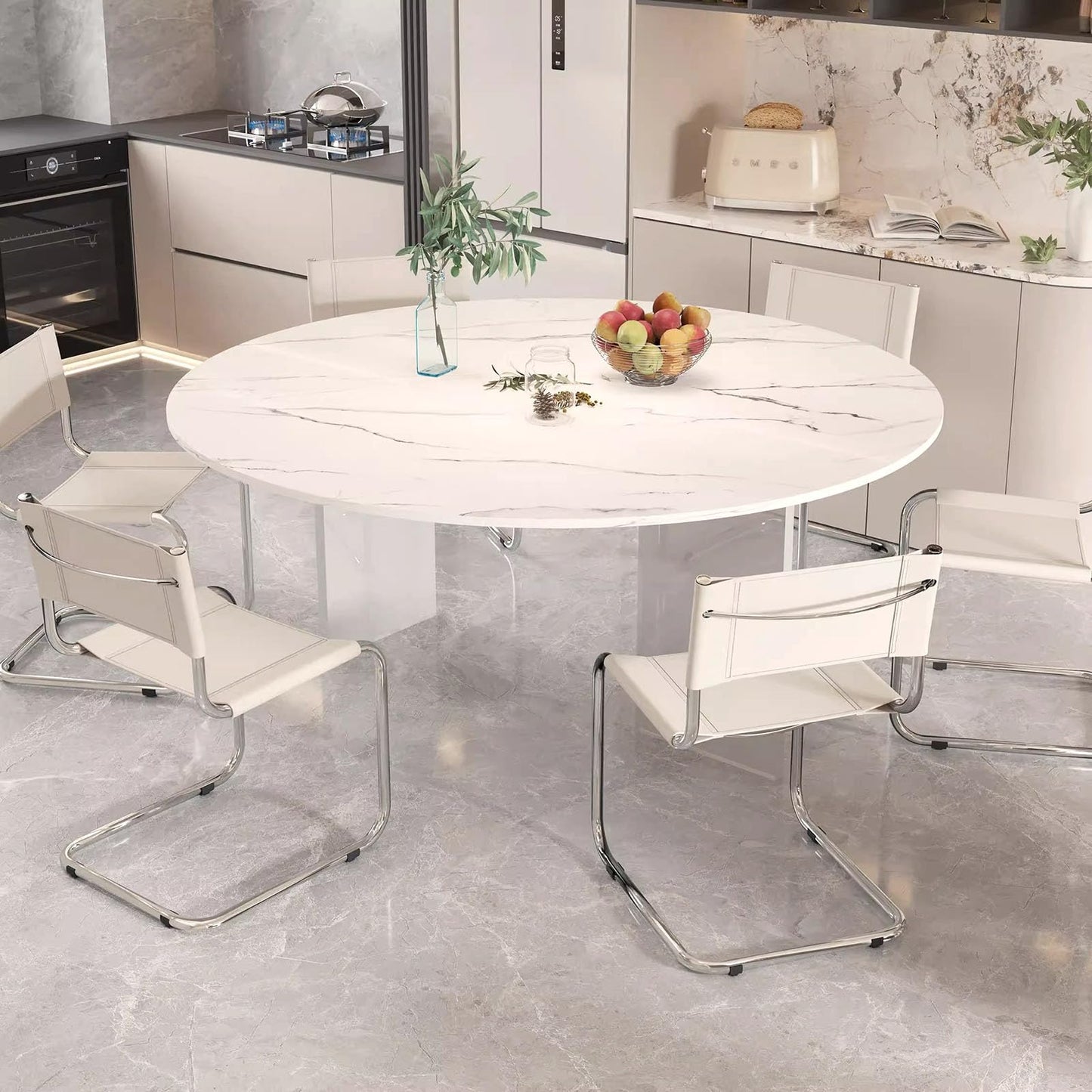 QJSZMEI Large Round Folding Table Top, 4-Folding Wood Table top, Temporary Replacement Inoor Outdoor Tops for Dining and Coffee(Marble White, D-150cm/59in)