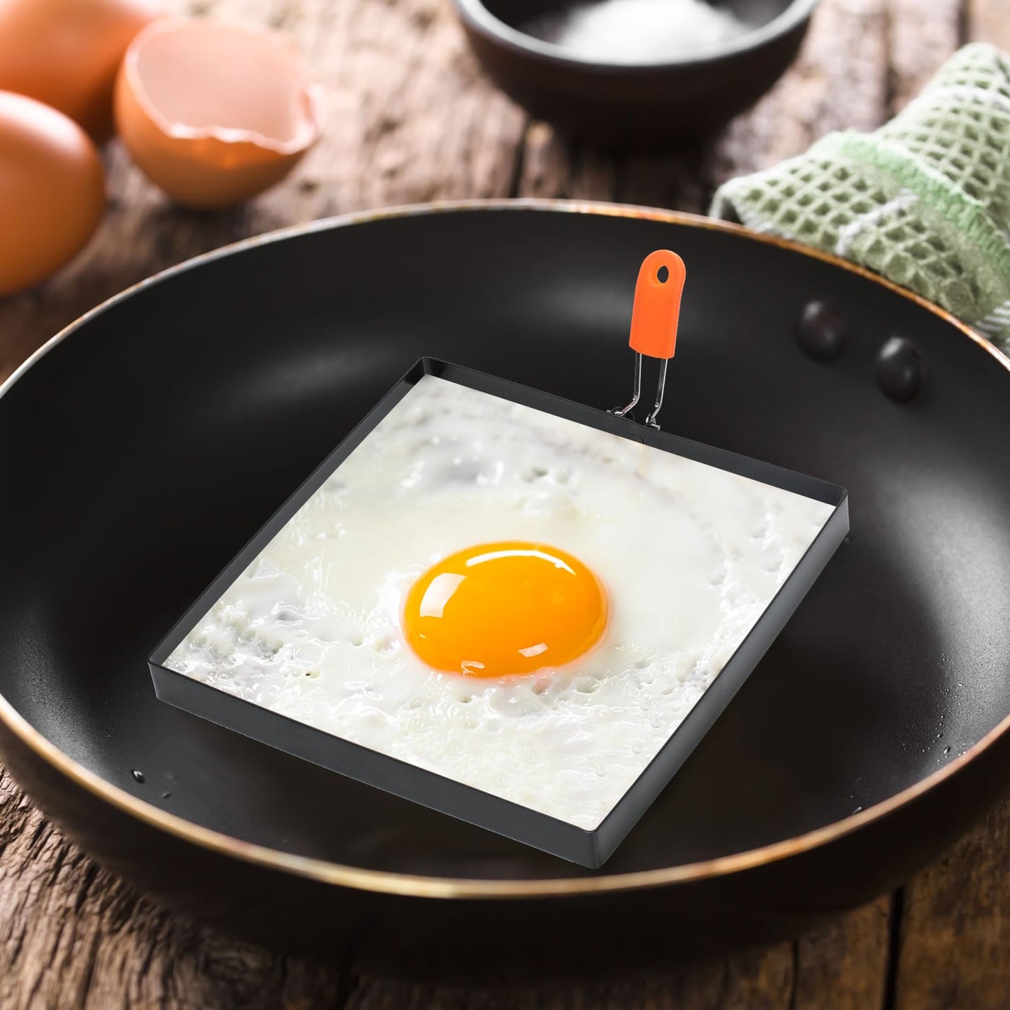 Patelai 6 Pack Square Egg Ring 4 Inch and 6 Inch Stainless Steel Frying Egg Molds Griddle Pancake Shapers with Orange Silicone Handle Oil Brush for Household Breakfast Omelette Sandwich Cooking Tool
