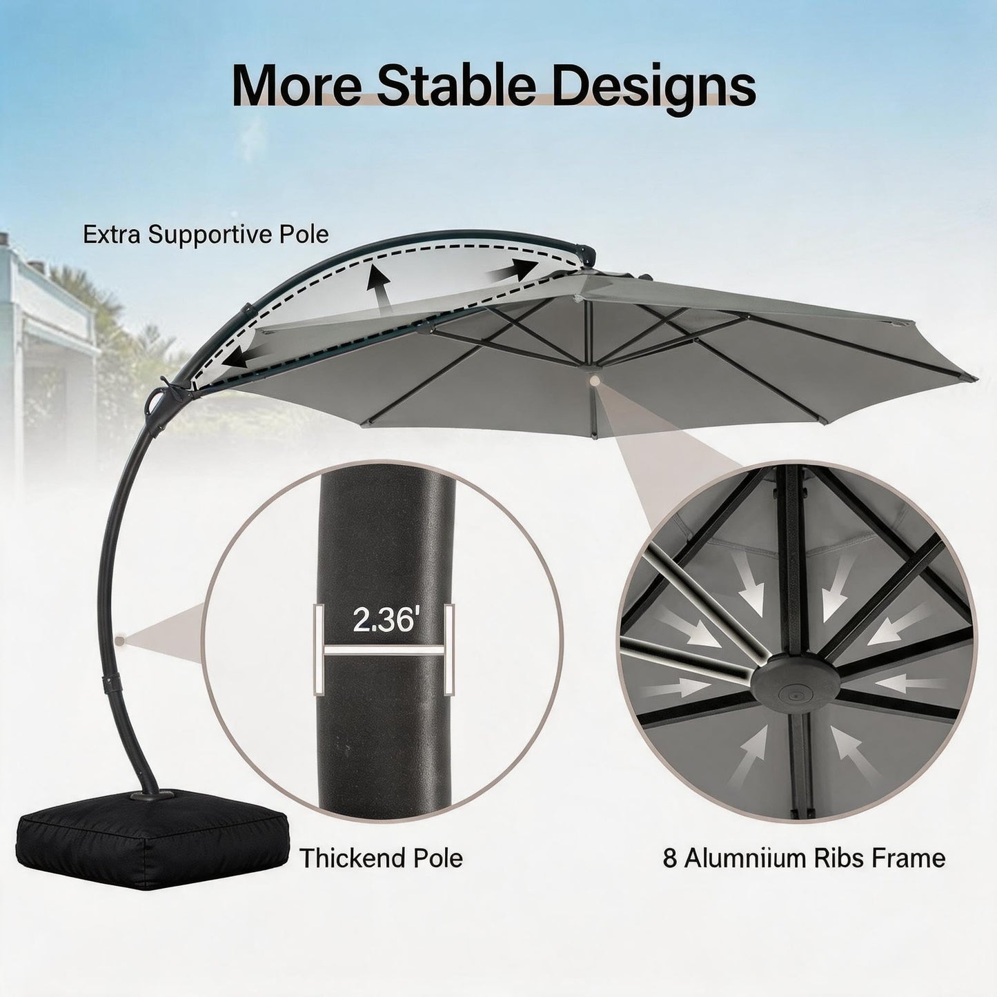 LAUSAINT HOME Outdoor Patio Umbrella with Base included, 12 FT Deluxe Curvy Cantilever Umbrella Heavy Duty Offset Hanging Umbrella with 360° Rotation for Market, Pool, Garden, Backyard, Deck (Grey)