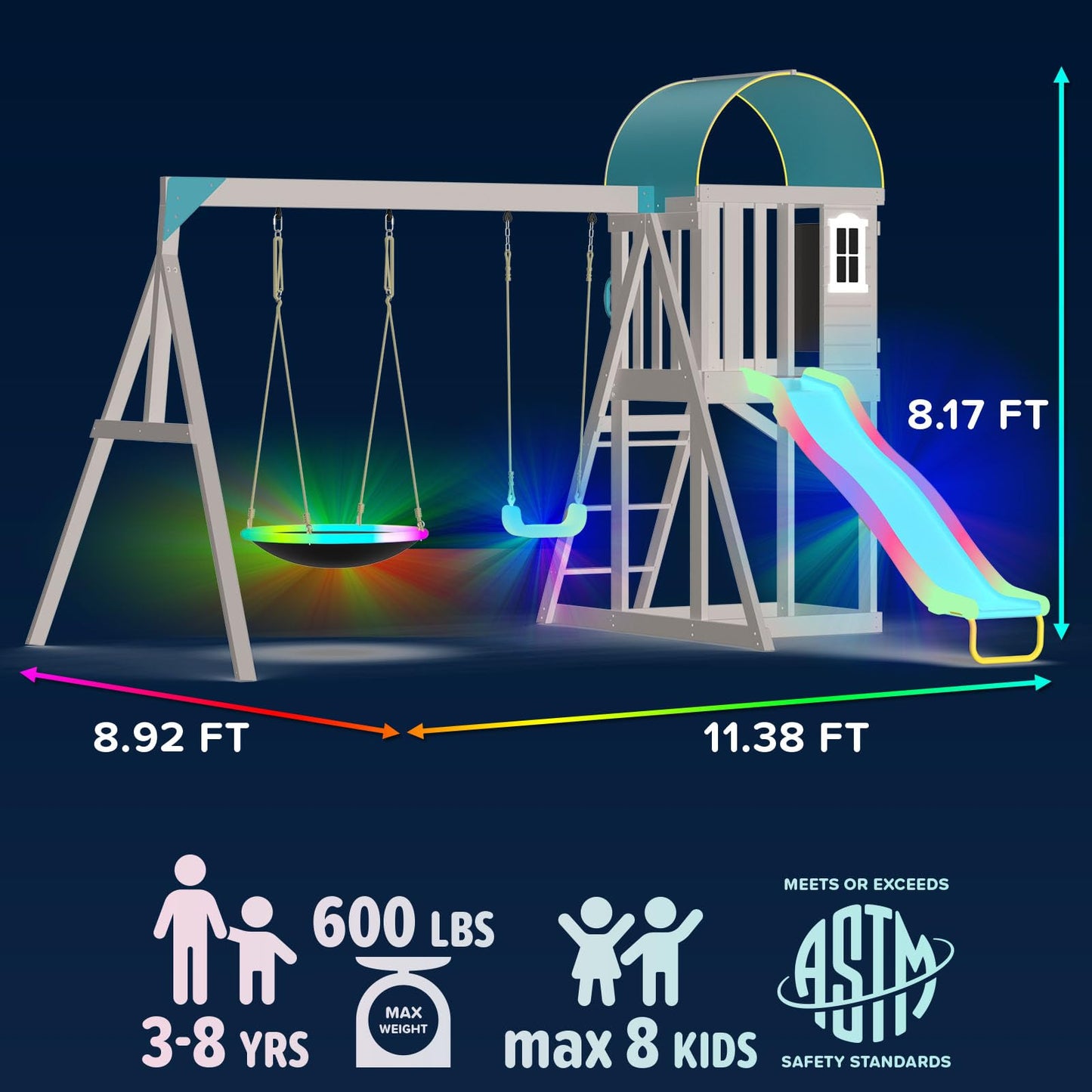 Sportspower Amelia Galaxy Cedar Wooden Swing Set for Night Play with 2 LED Swings, Play Fort with Sandbox, Heavy Duty Double A-Frame, on 6ft LED Slide, Bonus Anchor Kit