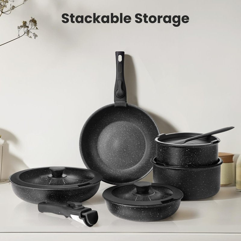 12 Pcs Pots and Pans Set, Nonstick Kitchen Cookware Sets Detachable Handle, Induction Healthy Non Stick RV Cookware, Dishwasher & Oven Safe, Black