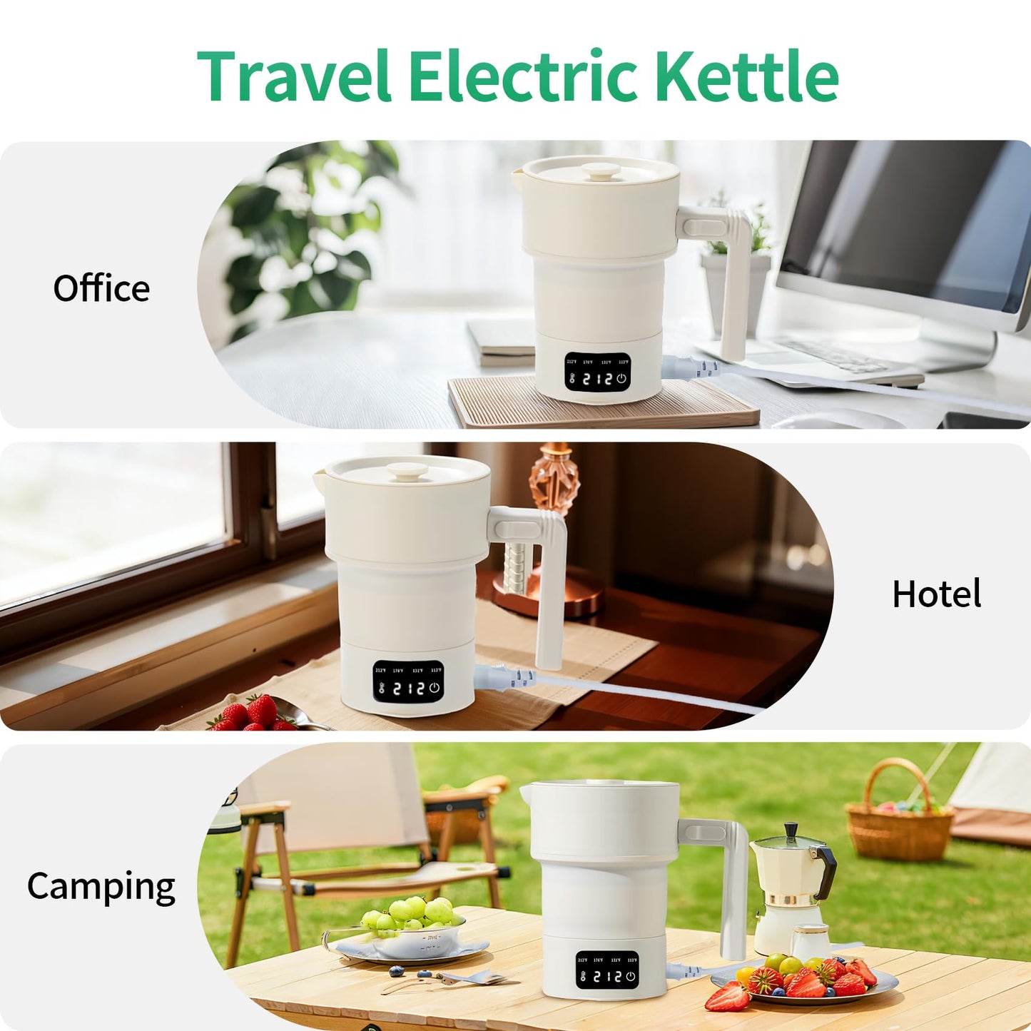 Portable Electric Kettle-Foldable Travel Water Boiler, 20oz Collapsible Small Electric Kettle with 4-Temp Presets for Hotel, Office, Camping