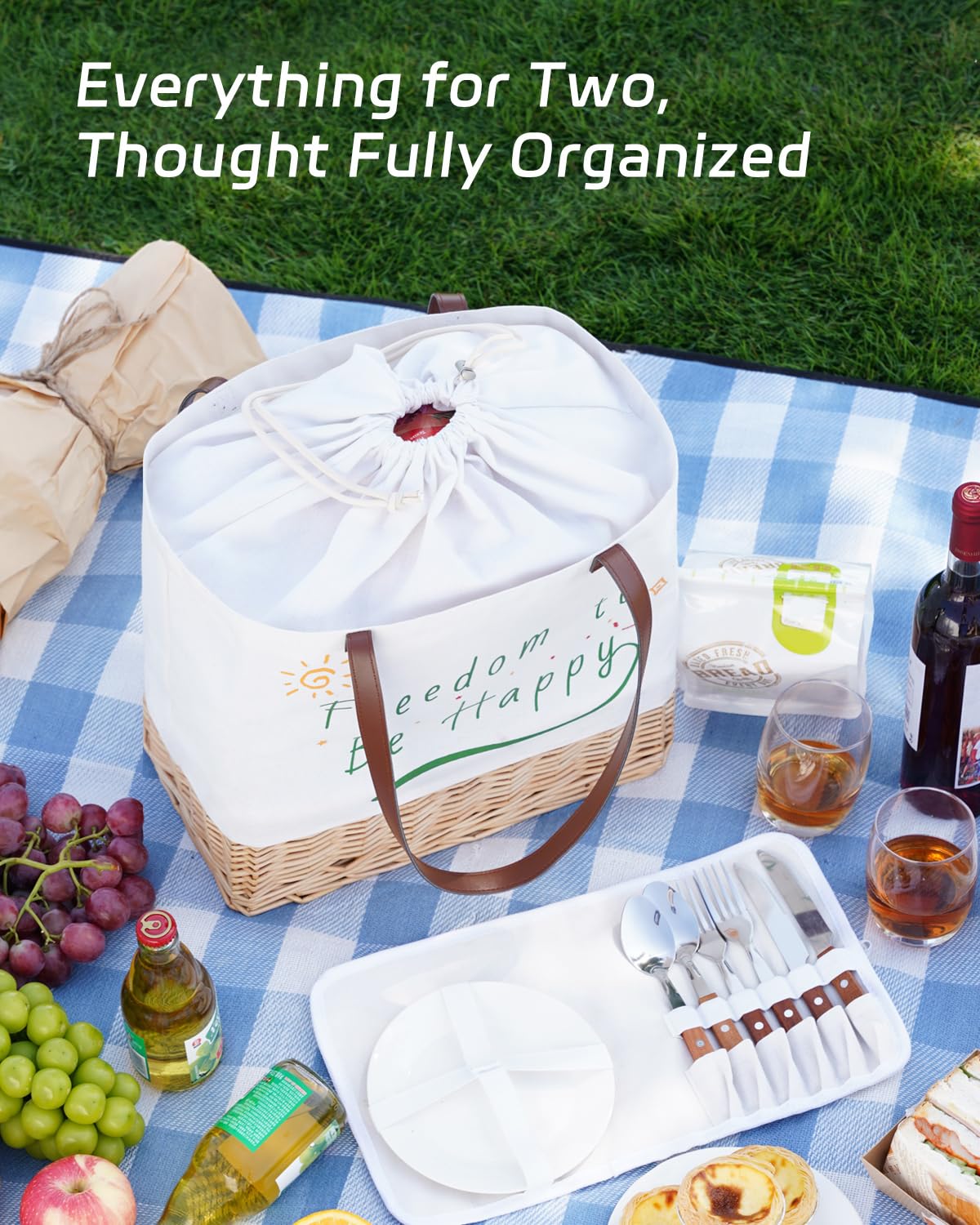WeaveNove Wicker Picnic Basket for 2 Person, Folding Picnic Basket Set with Waterproof Lining,Canvas and Willow Picnic Hamper with Utensils,for Outdoor, Camping, Beach,Wedding Gifts