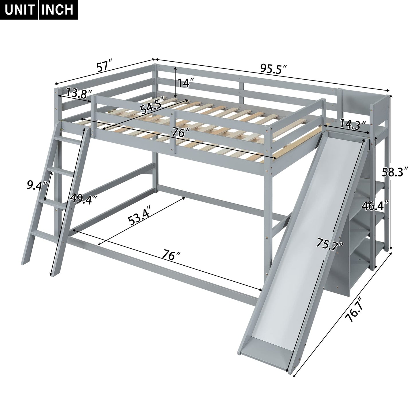 Merax Modern Full Over Full Wood Bunk Bed with Ladders and Slide, Floor Bunk Bed Frame with Storage Shelves, No Box Spring Needed, Space-Saving Grey