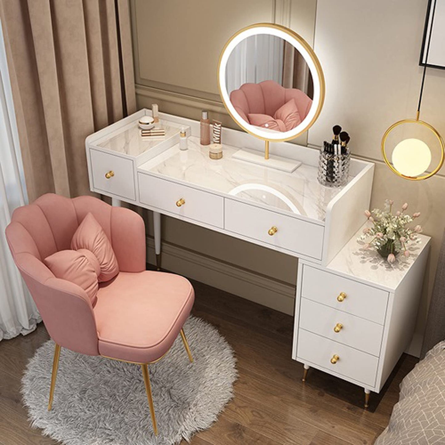 TOMYEUS Makeup Table Luxury Dressing Table Bedroom Modern Makeup Desk Storage Shelf Organizer Apartment Cabinet,Not Including Stool, White Vanity Desk