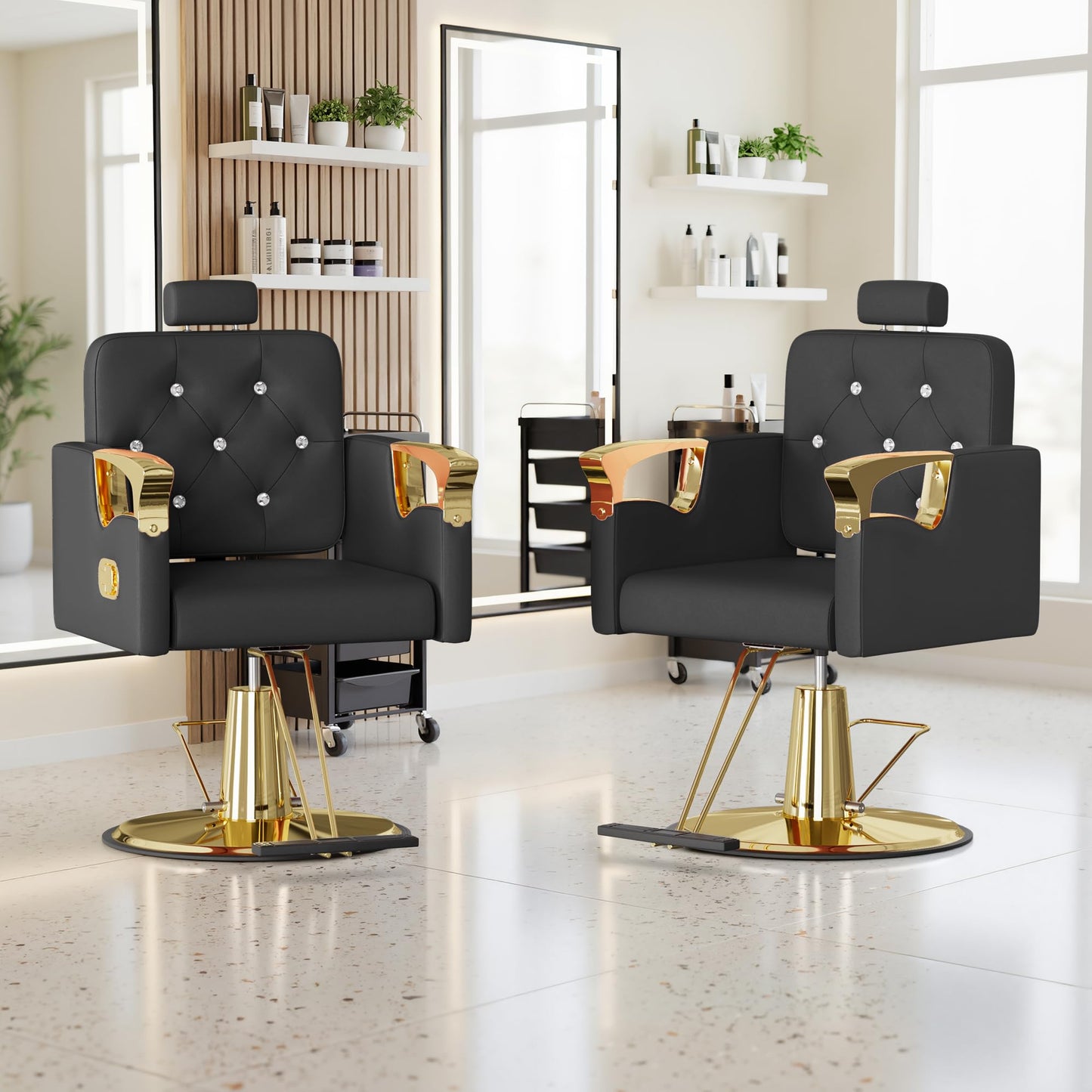 LOUVIXA Barber Chair Reclining, Salon Chairs for Hair Stylist, Height Adjustable Salon Styling Chair, Heavy Duty Barber Chairs, 360 Swivel Barbershop Chair (Black-Golden-440lbs)