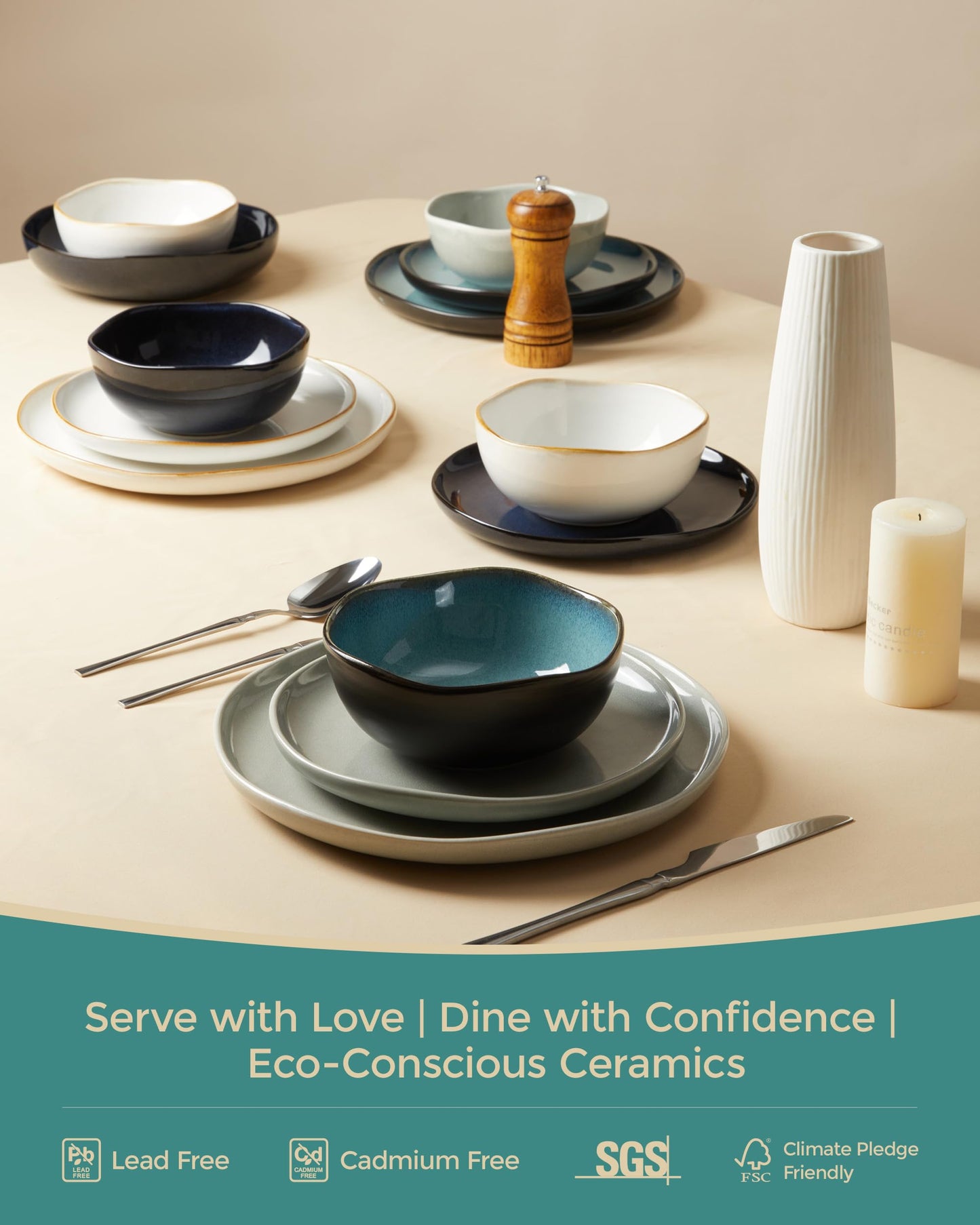 Pokini Extra Large Dinnerware Set for 12, 36 Pieces Ceramic Plates and Bowls Set, Kitchen Dish Set, Microwave & Dishwasher Safe Dishware, Ocean-Inspired Stoneware for Big Gatherings, Green Black