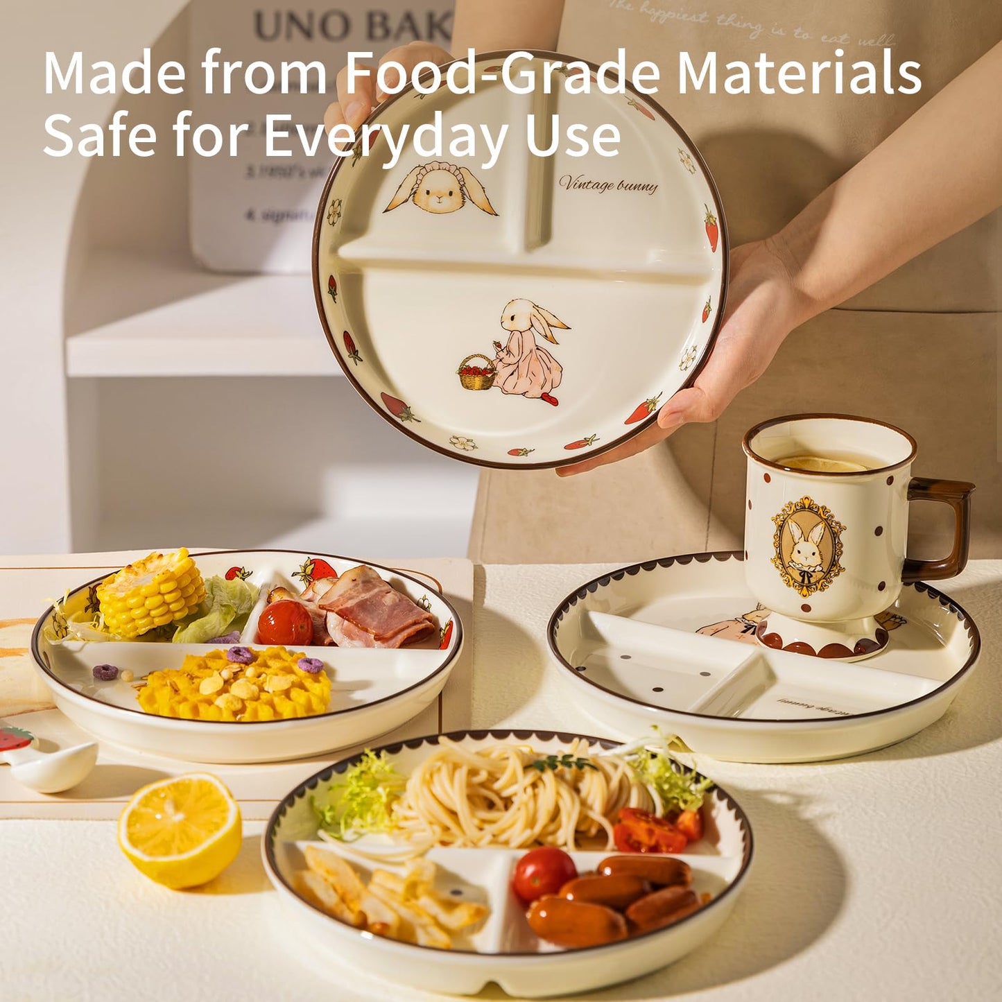 MDZF SWEET HOME Ceramic Divided Plate, 3-Compartment Portion Control Tray for Weight Loss & Healthy Eating, Cute Hera Bunny & Polka Dot Design, Aesthetic Sectioned Dinnerware