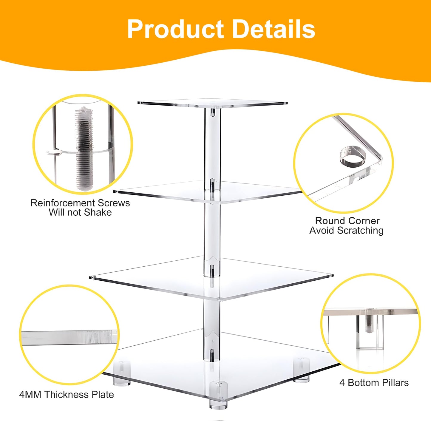 YestBuy 4 Tier Cupcake Stand Acrylic Tower Display with LED Light Premium Holder Dessert Tree Tower for Birthday Candy Bar Décor Weddings, Parties Events (Yellow Light)