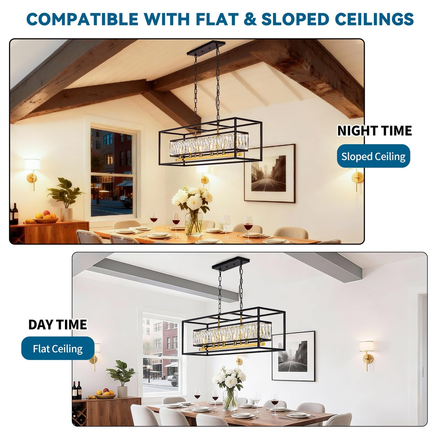 Vezzio Modern Crystal Chandelier for Dining Room 6-Light Luxury Black and Gold Rectangle Contemporary Hanging Adjustable Pendant Light Fixture Over Table for Kitchen Island, L35 Inch