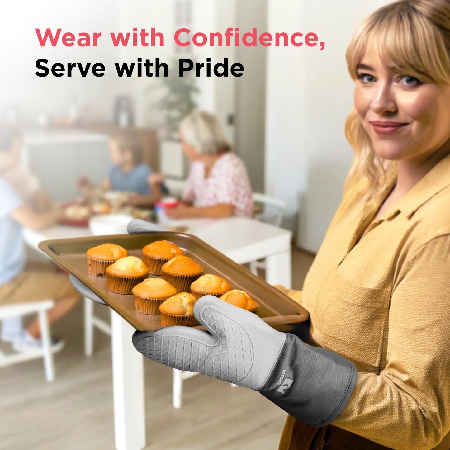Kitchen Mama UltraShield Silicone Oven Mitts – Heat Resistant, Non-Slip Surface, Durable, Safe, Pot Holders, FlexiblWaterproof Glove Set, Perfect for Cooking, Baking, Grilling, BBQ (Red)