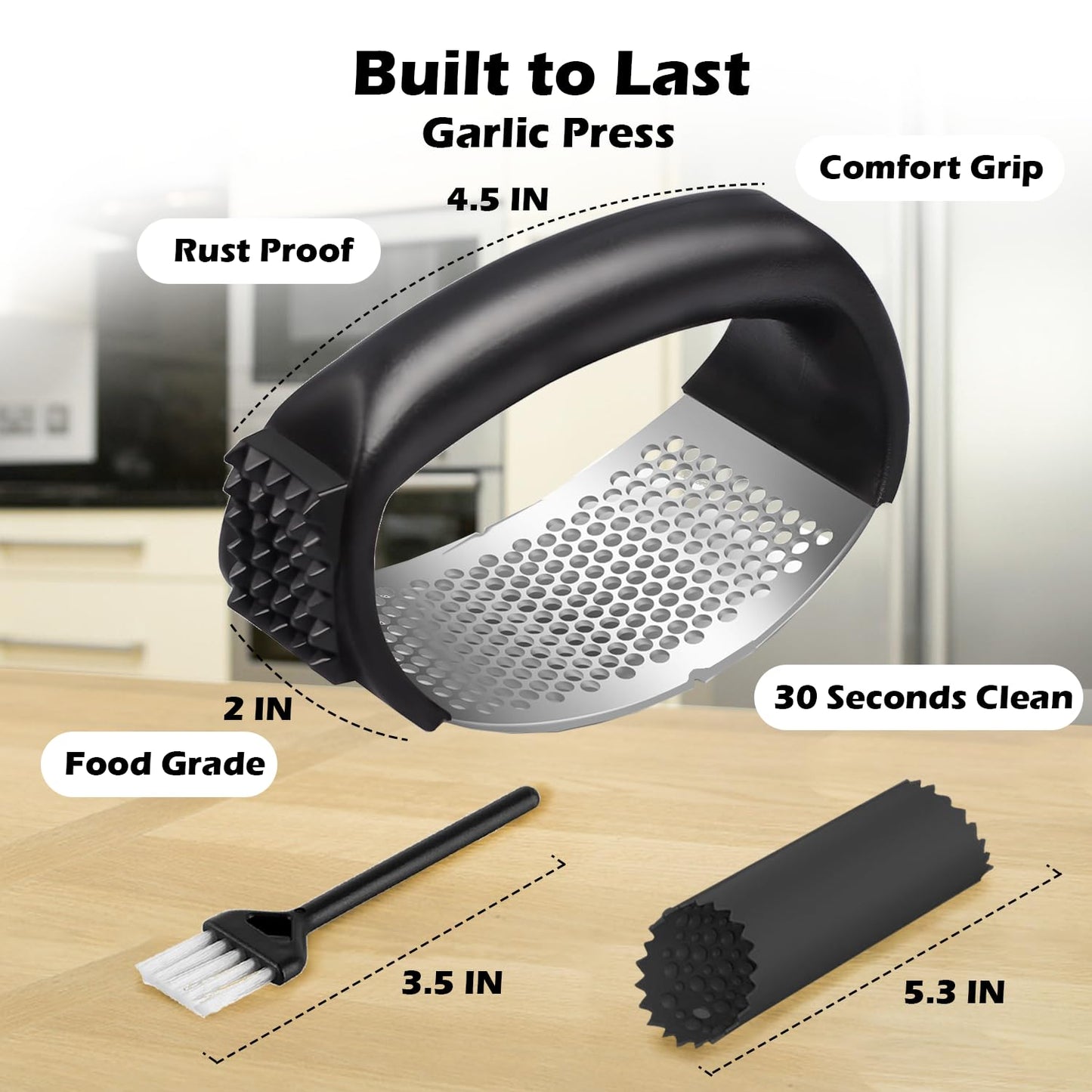 FATUXZ Garlic Press Rocker Set,Stainless Steel Garlic Mincer Tool with Garlic Peeler and Cleaning Brush Kitchen Gadgets Essentials Garlic Chopper