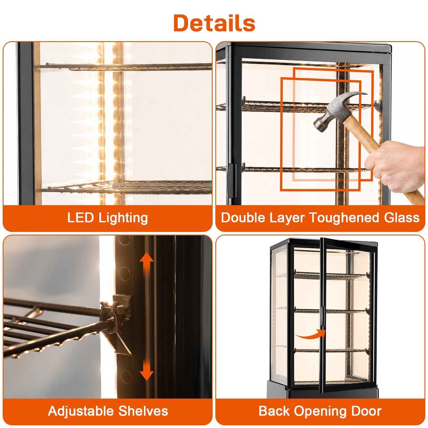 Commercial Cake Display Refrigerator, 78L Countertop Glass Cooler with LED Light, 32-53.6°F Digital Thermostat, Frost-Free Pastry Showcase for 11" Cake, Tempered Glass & Rear Door for Bakery/Cafe/Home