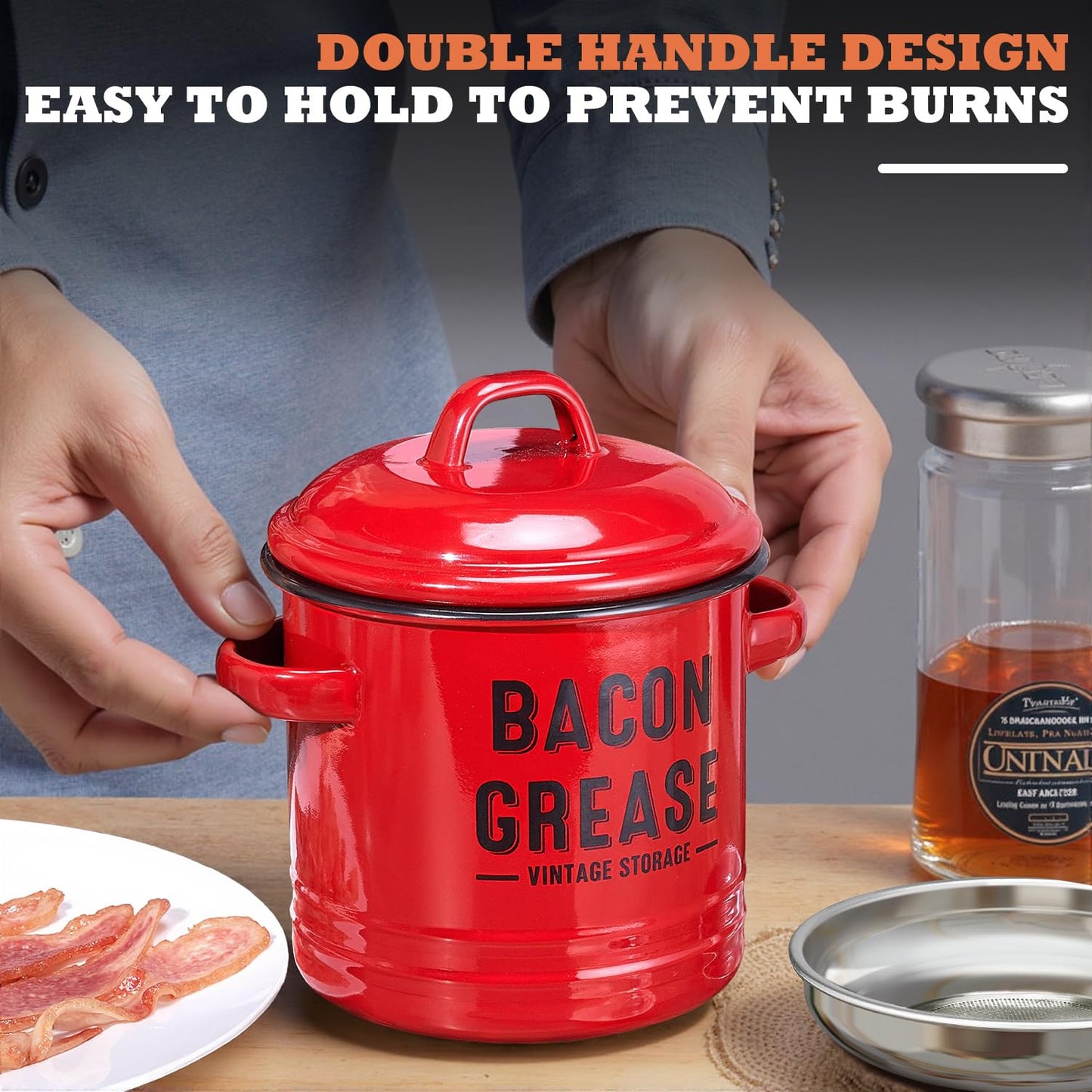 ONEARF Bacon Grease Container with Strainer - Large 46OZ Red Kitchen Oil Storage Can, Food Saver Bin with Lid | Farmhouse Cooking Pot Keeper Collector, Dishwasher Safe - Red