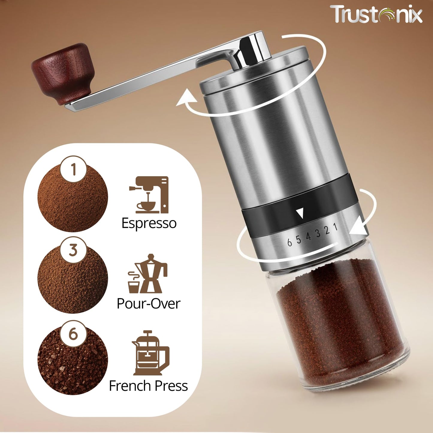 Trustonix - Portable Hand Coffee Grinder | Portable Coffee Grinder for Travel | Cocoa Beans Grinder | Portable & Compact Design | Smooth Grinding | Easy To Use | Higher Efficiency | Powerful & Stable