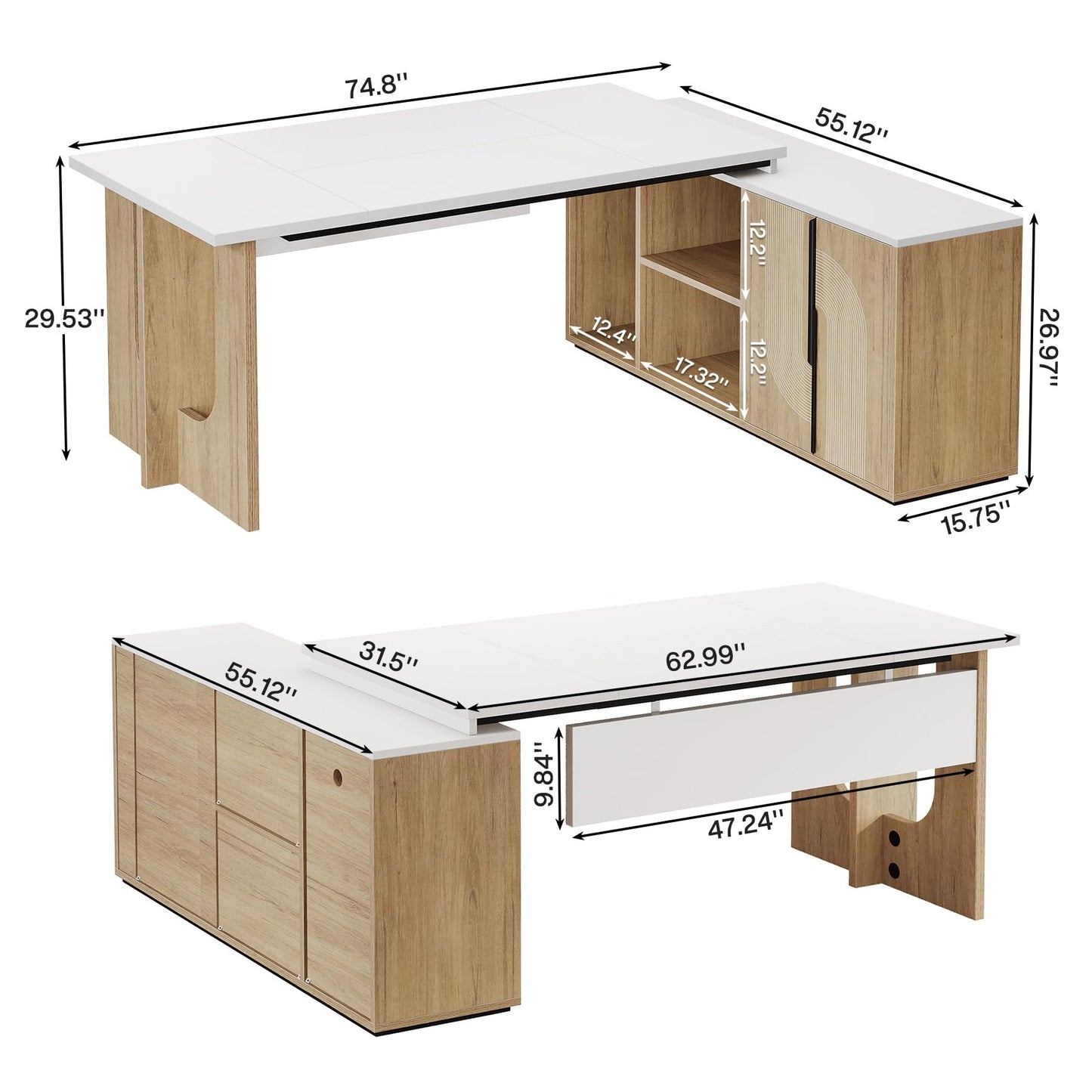 Tribesigns 74.8 Inch Executive Desk, Large Office Desk with Cabinet, L Shaped Computer Desk with Shelves and CPU Storage, Modern Home Office Desks Business Furniture Workstation Set, White and Wood
