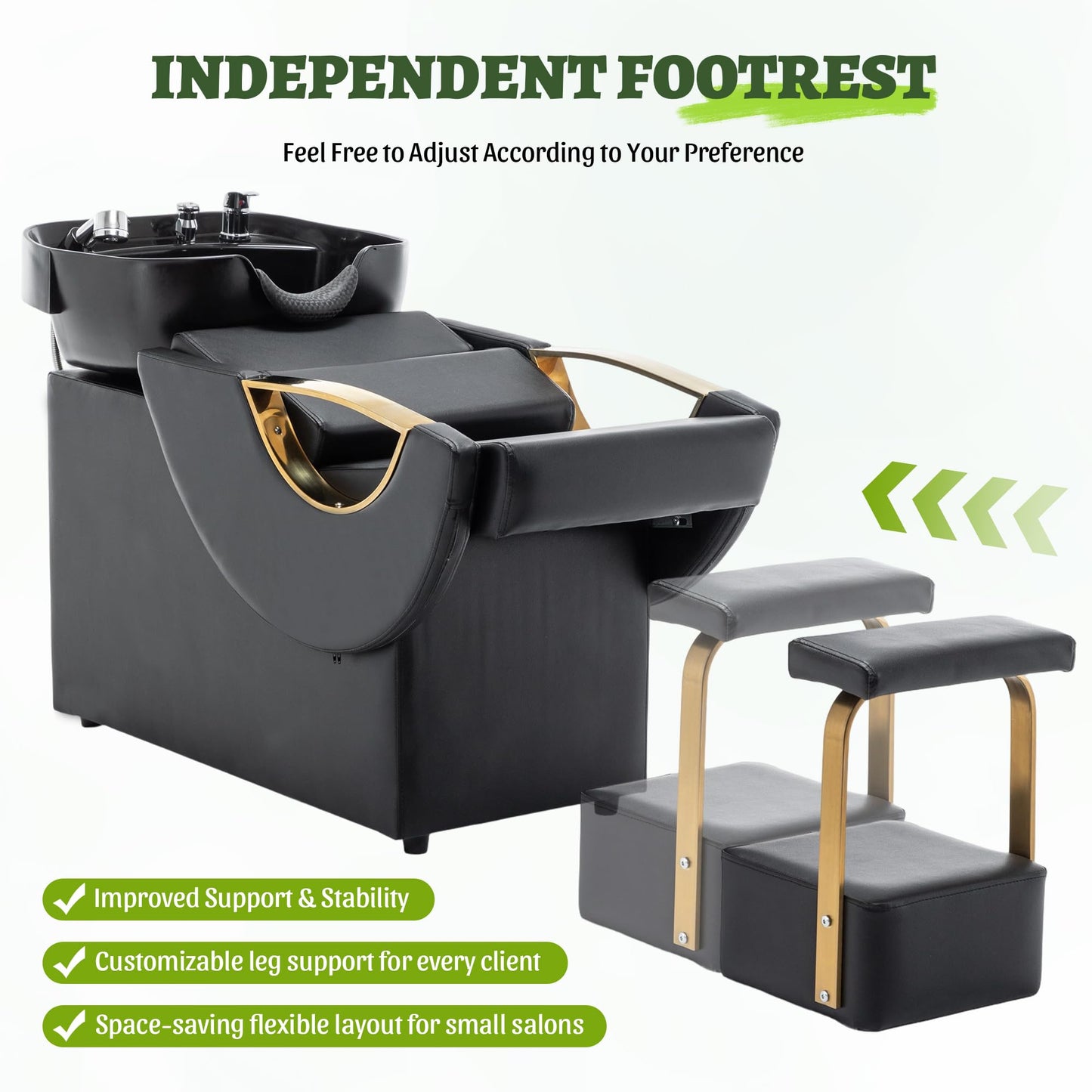 KEIKI Large Shampoo Bowl & Chair Set with Footstool, Black & Gold Barber Backwash Chair, Heavy Duty 300lbs Hair Washing Chair with Deep ABS Basin & Neck Rest for Spa Beauty Stylist