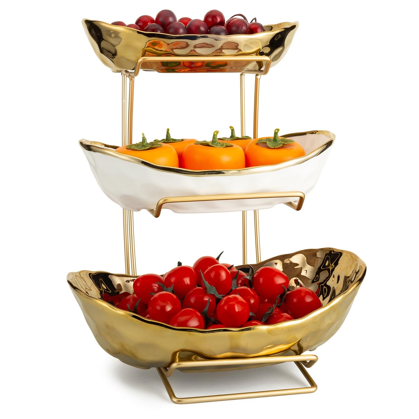 MEIGLQEA 3-Tier Gold Fruit Bowl & Tray with Metal Stand - Ceramic White, Triple Layer for Snacks, Nuts, Bread & Candy Storage