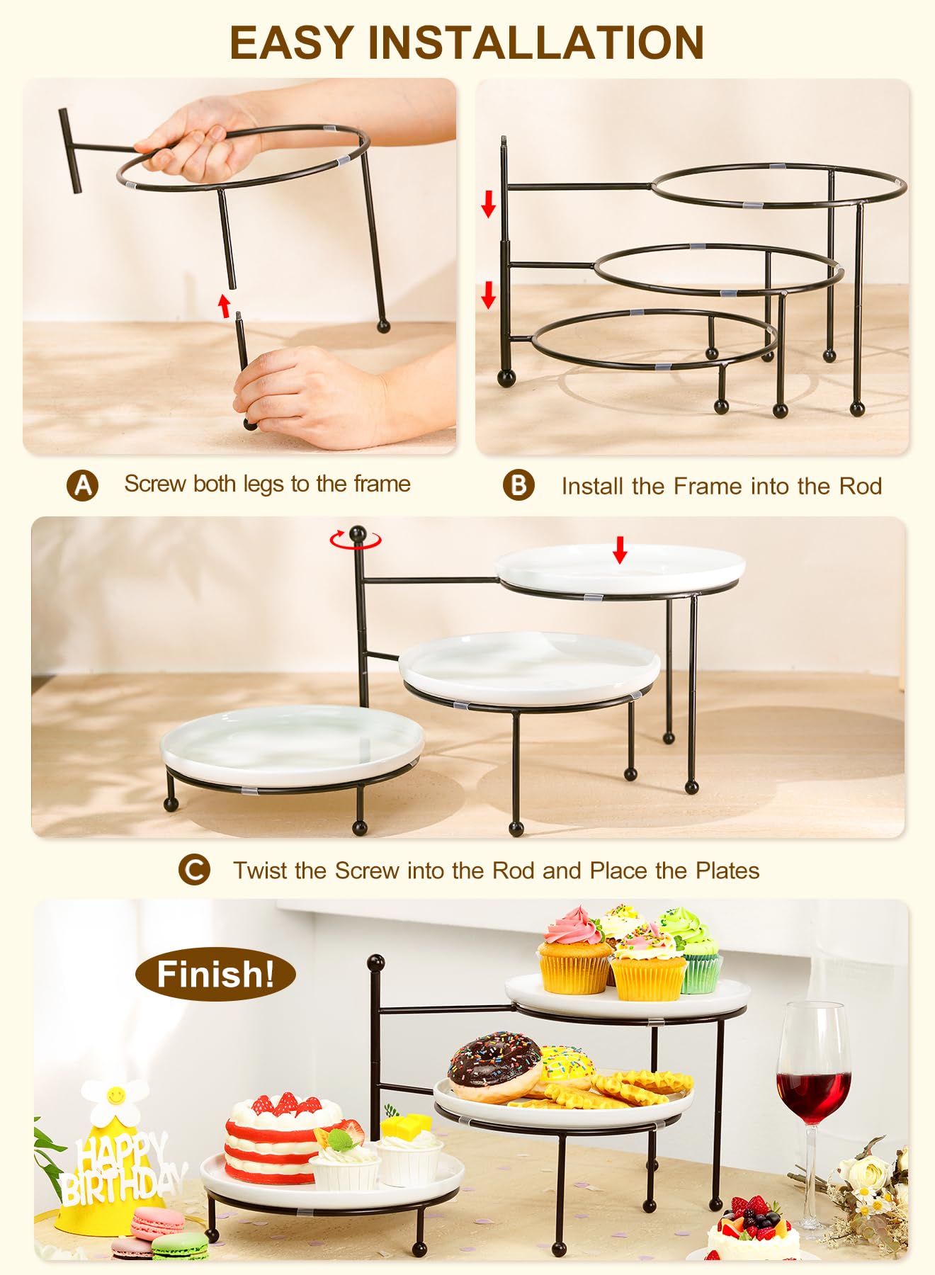 Yedio 3 Tiered Serving Stand with White Porcelain Plates, 10" Round Tray, Dessert Table Display Set, Round Dishes with Black Metal Display Stand for Veggie, Fruit, Cookies, Black