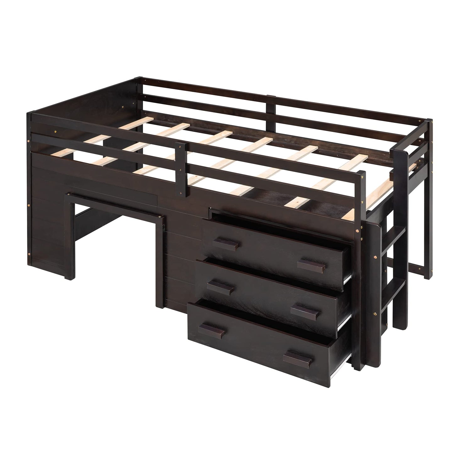 Merax Twin Wooden Loft Bed,Wood Bedframe for Kids Teens, Adults Bedroom with Cabinet, Shelf, Stairs, Espresso