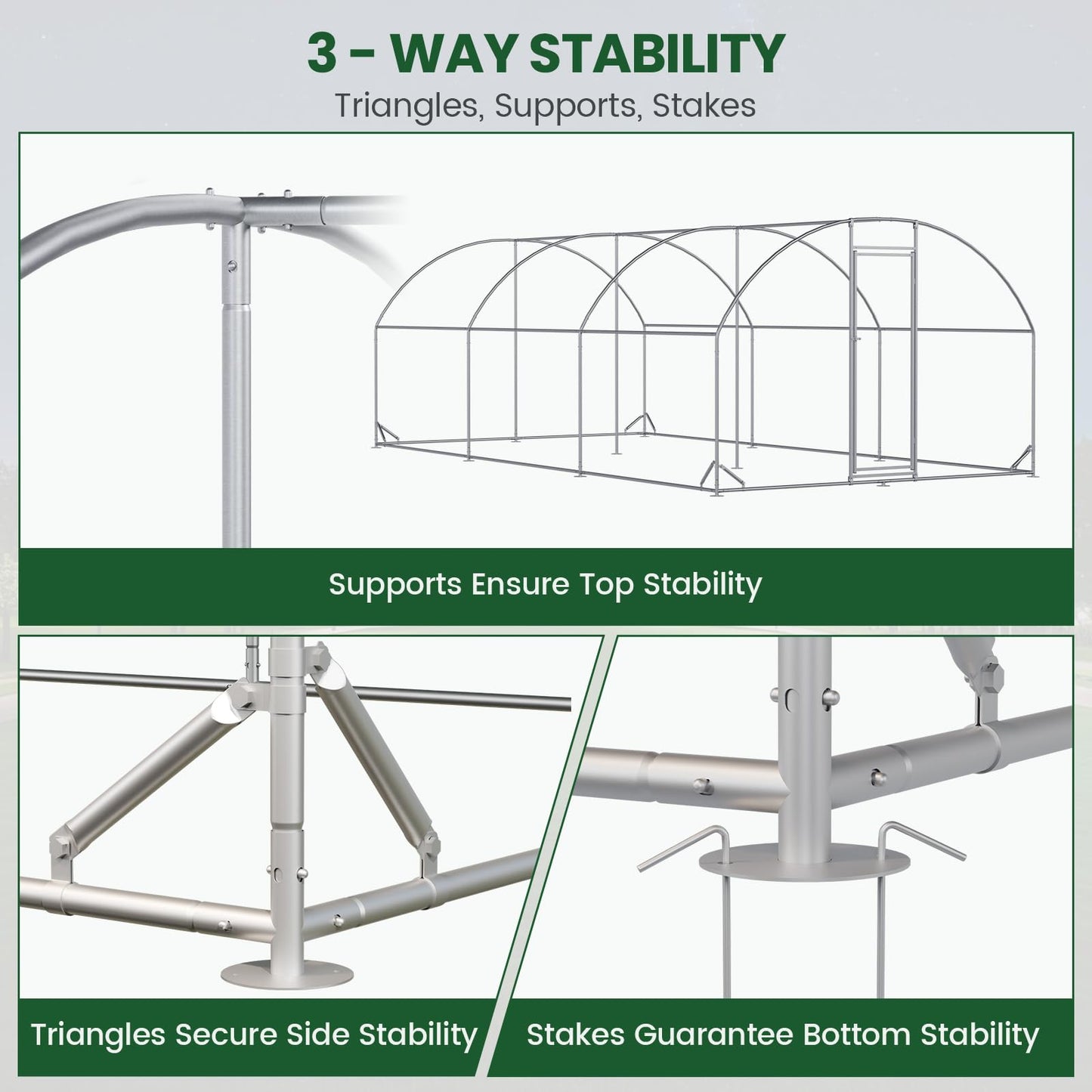 Chicken Coop Large Metal Chicken Run with Full-Top Waterproof Cover - Chicken House for 24/30 Chickens, Poultry Cage with Solar Light, Backside Poles, Walk-in Pen for Rabbits Ducks Yard 3 Room