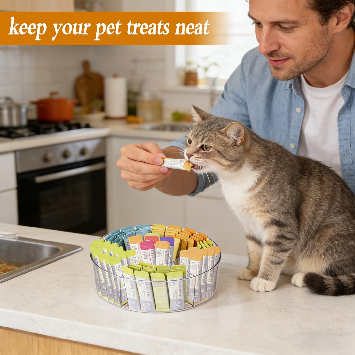HFYZZ Rotating Lickable Cat Treats Organizer with 6 Compartments, Clear Lazy Susan Acrylic Squeeze Up Cat Food Storage Container Divided Pet Treats Box for Kitchen Cabinet Pantry Shelf Countertop