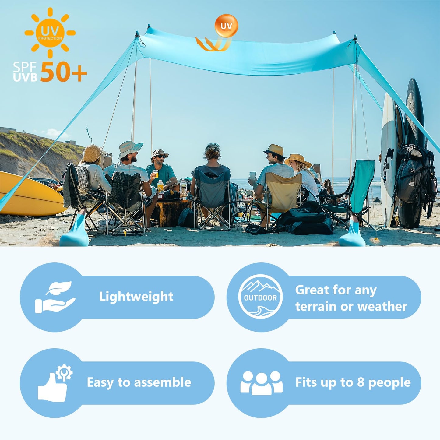 WILDPATH Beach Tent Sun Shelter 10 x 10FT with 8 Sandbags, UPF 50+ Protection Beach Shade Canopy, Eazy Up Portable Canopy Tent for Sun, Camping, Fishing, Backyard