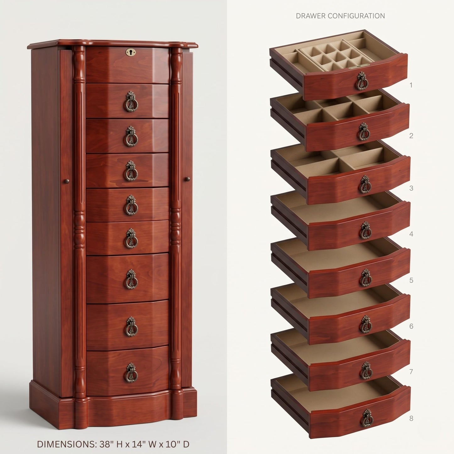 Hives and Honey Sheffield Traditional Standing Jewelry Armoire Cabinet, Antique Locking Storage Organizer with Mirror, 8 Drawers, Necklace Hooks, Anti-Tarnish Lining, Cherry