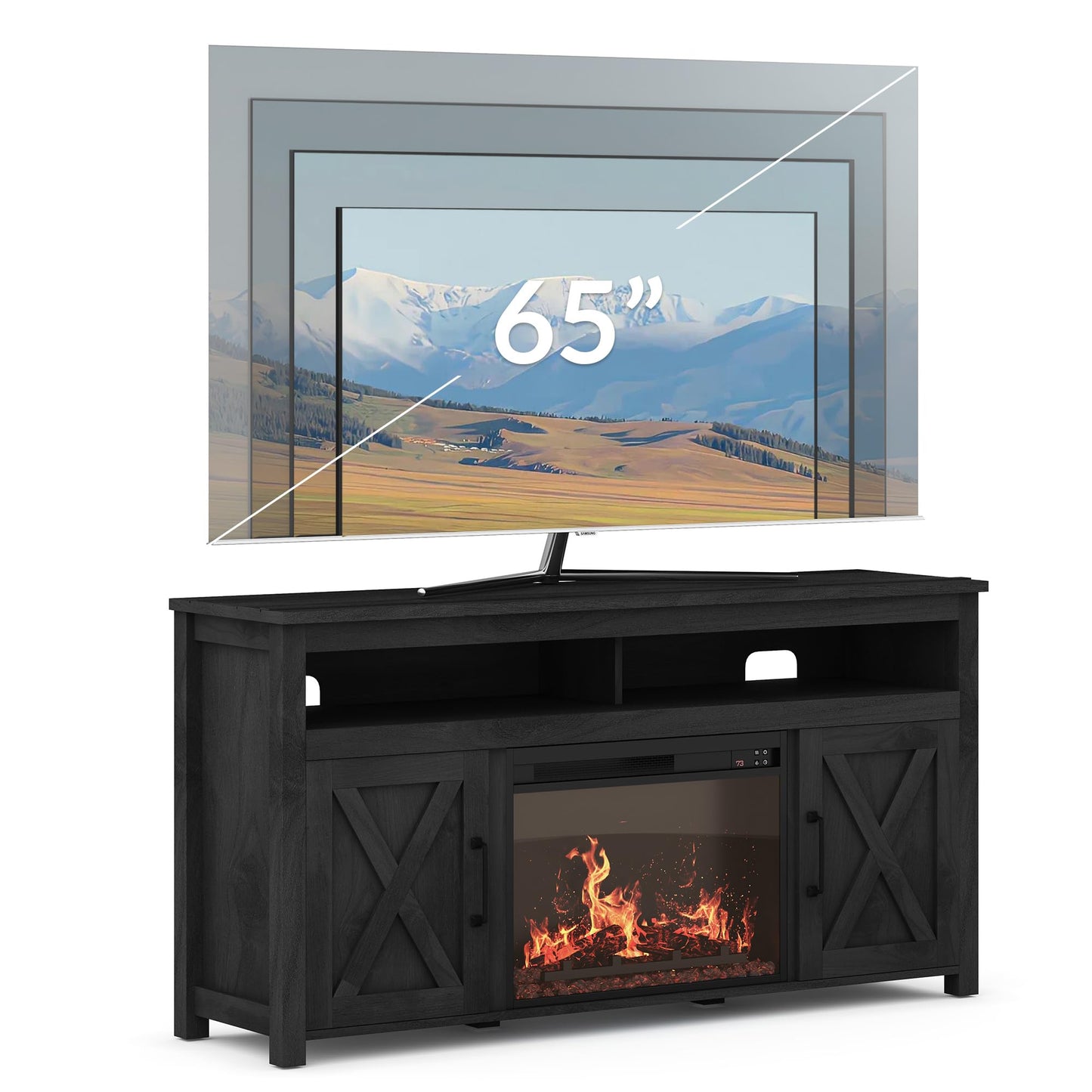 BELLEZE 58" Farmhouse Fireplace TV Stand for TVs up to 65", 23" Electric Fireplace Heater with Sound, Entertainment Center Media Console Table Barn Door Storage Cabinets for Living Room - Rustic Grey