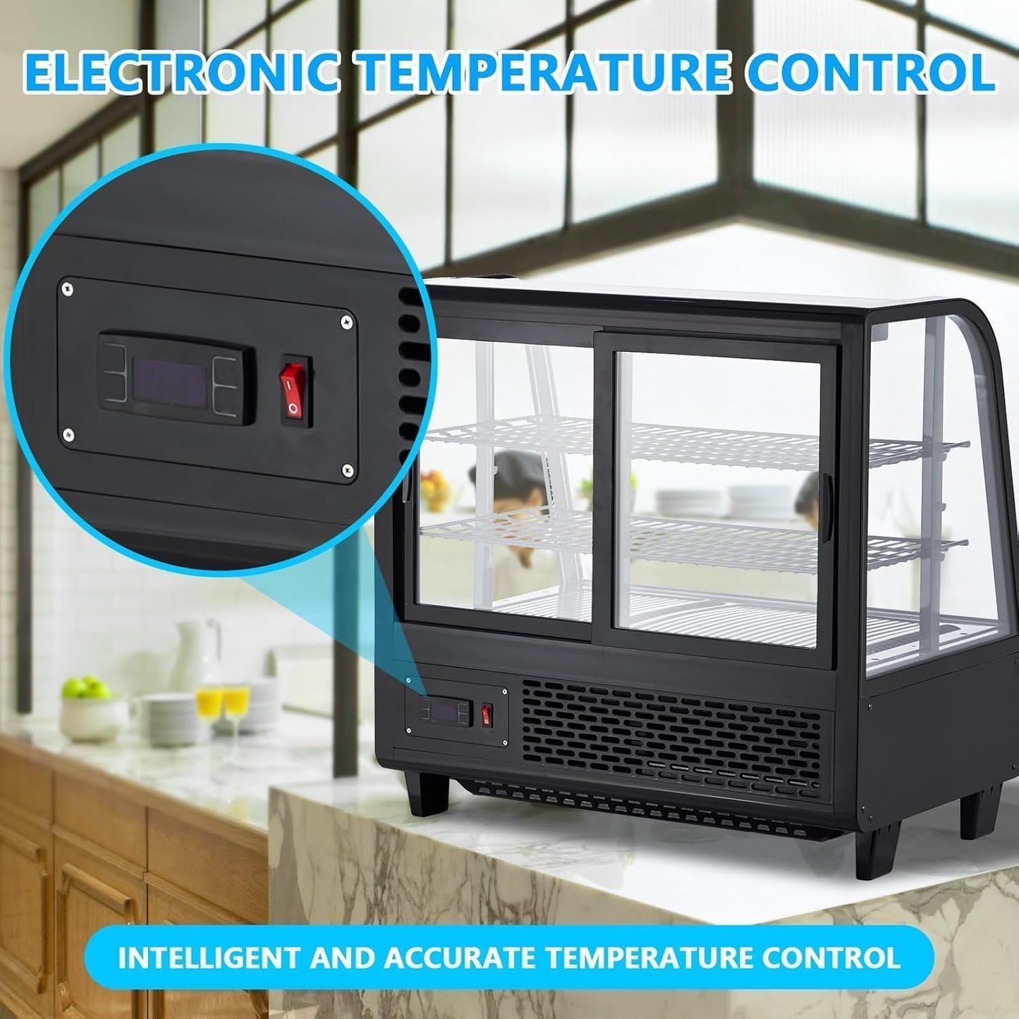 Commercial Display Refrigerator, 3.5 Cu.Ft Refrigerated Display Case with Adjustable Shelves and LED Lighting, Countertop Display Fridge with Rear Sliding Glass Door for Cafe, Restaurant, Bakery