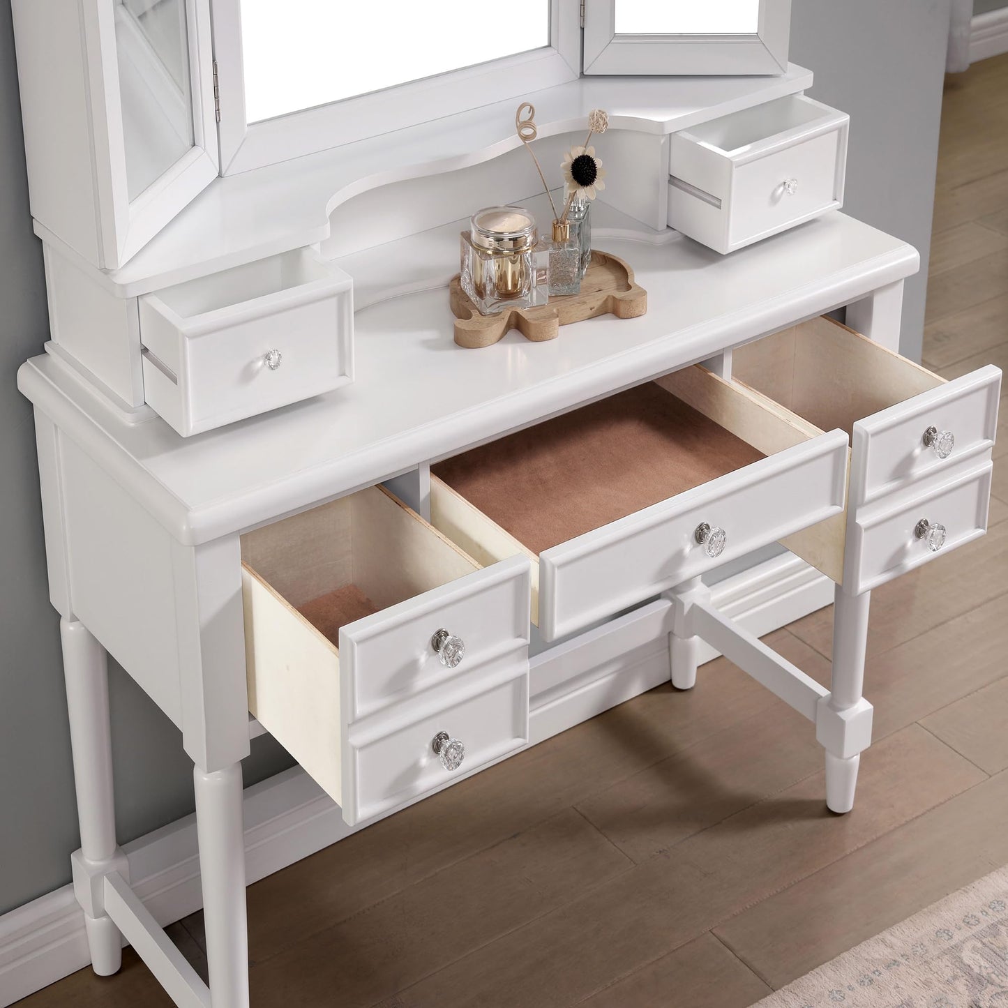 24/7 Shop at Home Nyx Traditional 3-Piece Wood 5 Drawers Makeup Vanity Table, Tri-Fold Mirror and Stool Set with Jewelry Storage, 7 Shelves, Padded Seat for Bedroom, Dressing Room, White and Gray