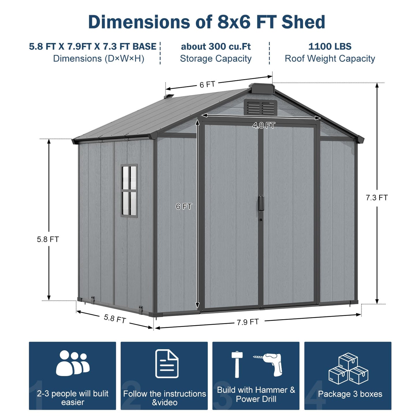 8x6 FT Resin Storage Shed with Floor Windows Lockable Double Door Vents, Easy Assembly All Weather Waterproof Durable Plastic Outdoor Sheds for Backyard Garden Storage Tools Lawnmover, Gray