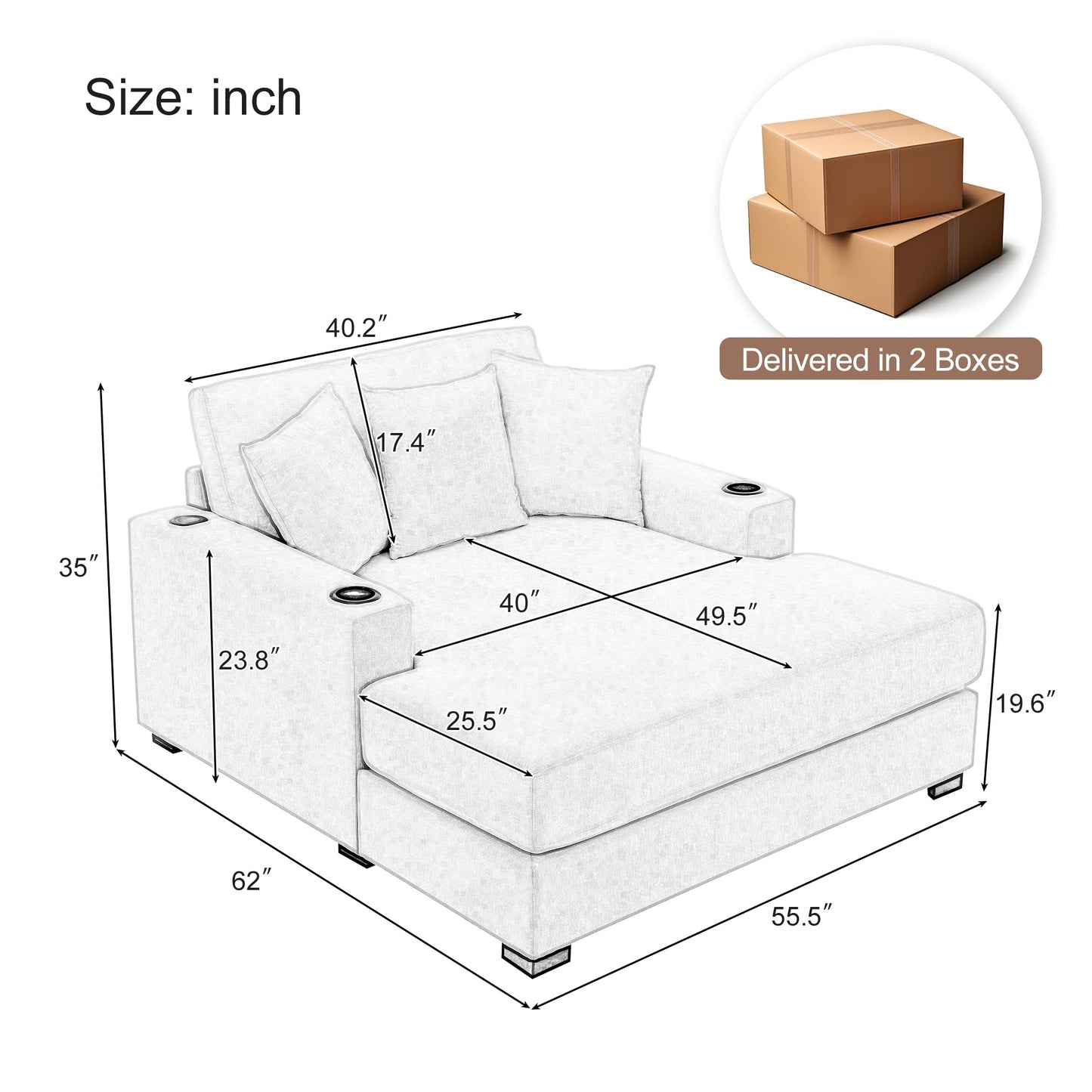 Merax Modern 55" Chaise Lounge with Pillow, Charge Station & Cup Holders,Upholstered Sofa Recliner Chair for Living Room Bedroom Cream