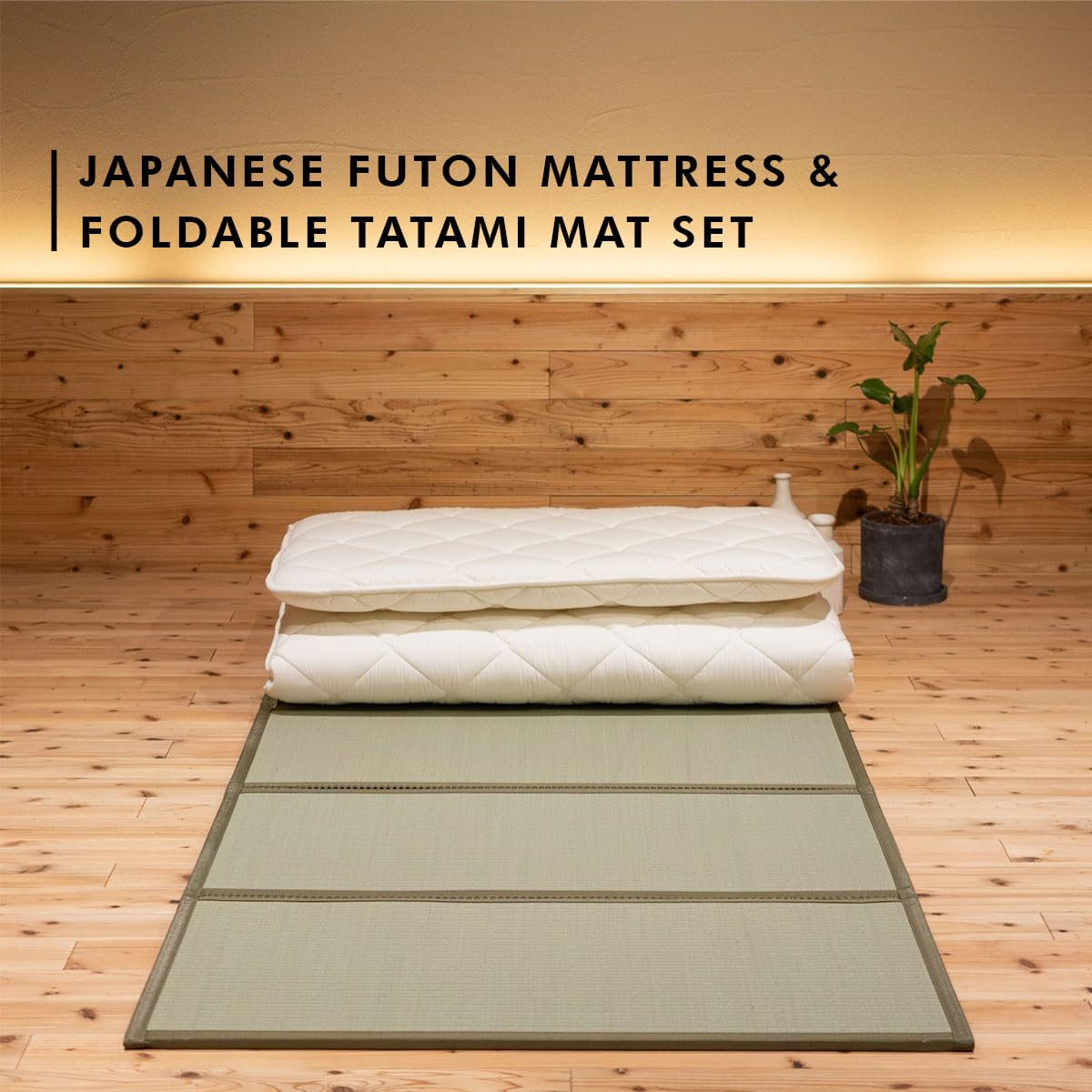 EMOOR Japanese Futon Mattress Premium CLASSE and Tatami Mat Set Twin, Floor Sleeping Mat Sikibuton Igusa Natural Cotton