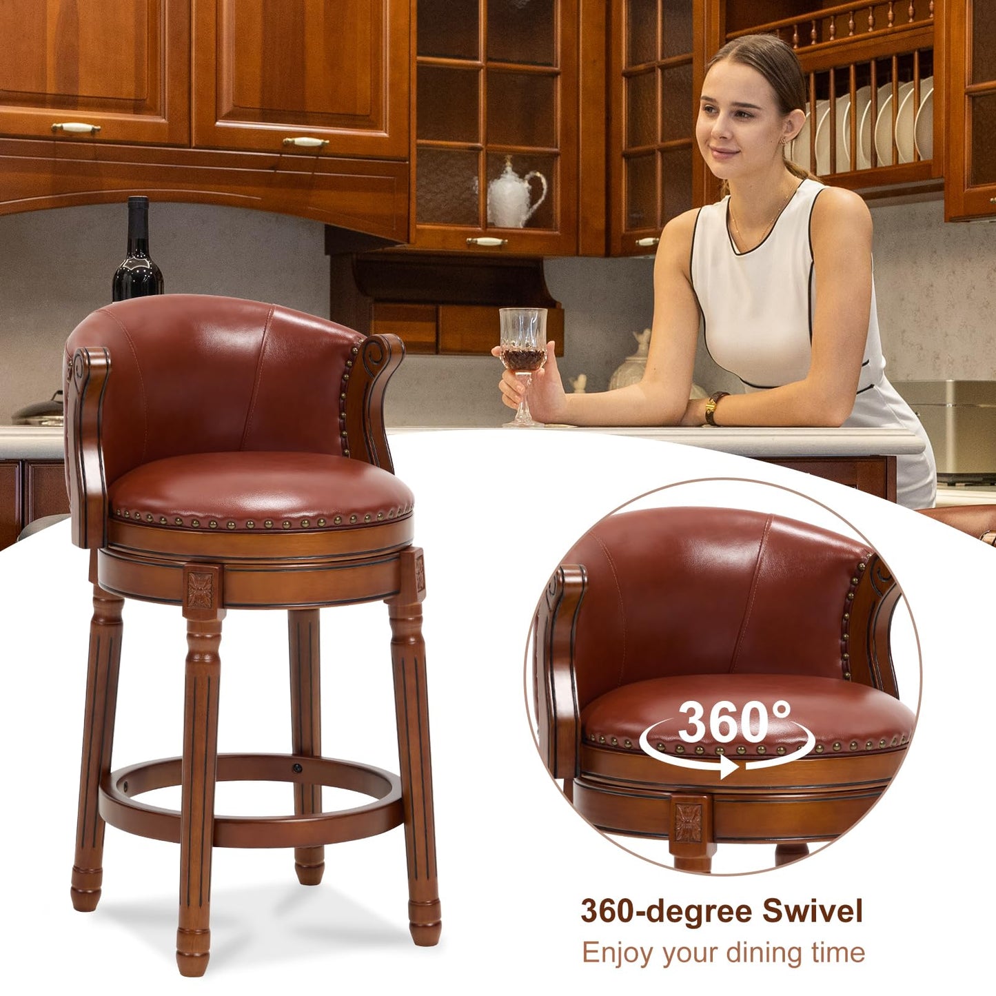 CozyRain Bar Stools Rubber Wood Counter Height Bar Stool Leather Upholstered Swivel Barstools with Back & Footrest for Home,Kitchen,Counter,Dining Room (Brown, Seat Height 26 in)