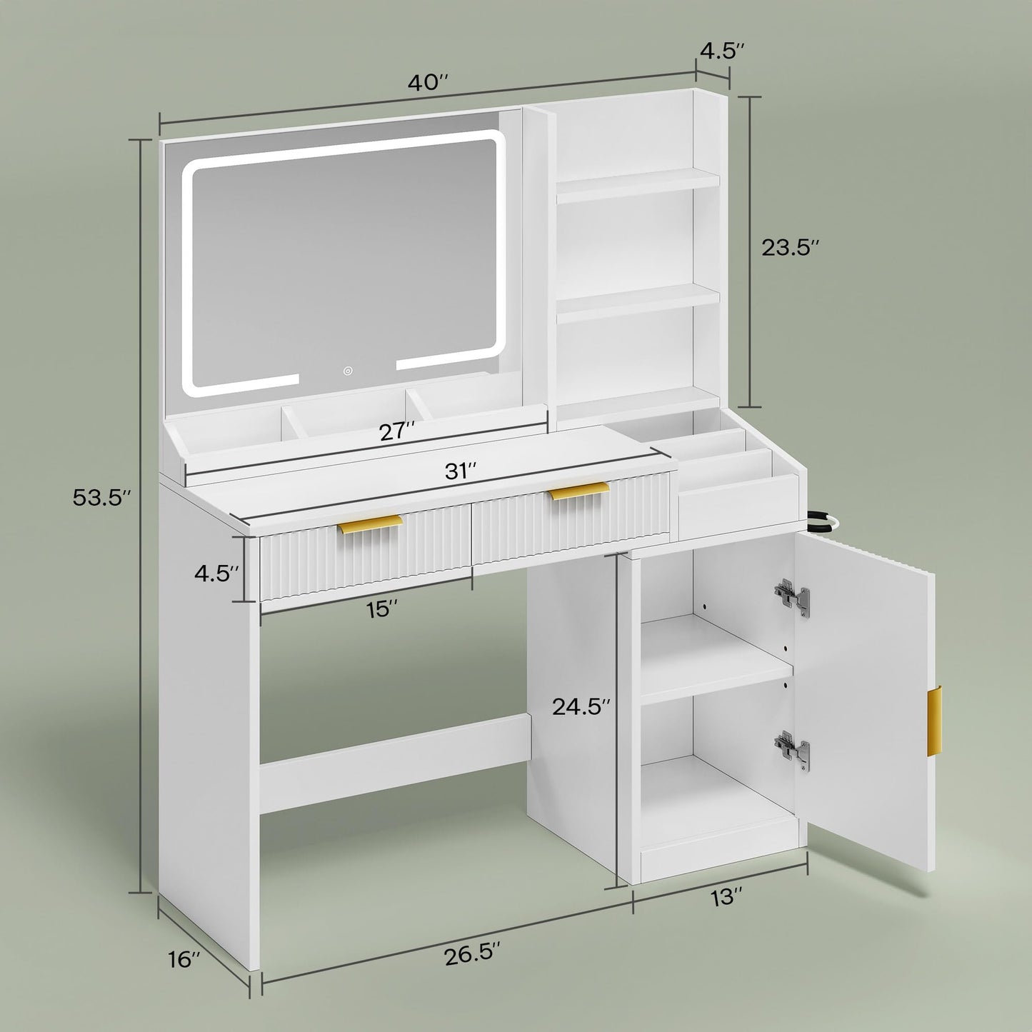 YITAHOME Large Makeup Vanity Desk with Mirror and Lights, Fluted Vanity Table with 2 Drawers & Adjustable Shelves, Makeup Mirror in 3 Modes Lighting, Dressing Table Set w/Charging Station, White