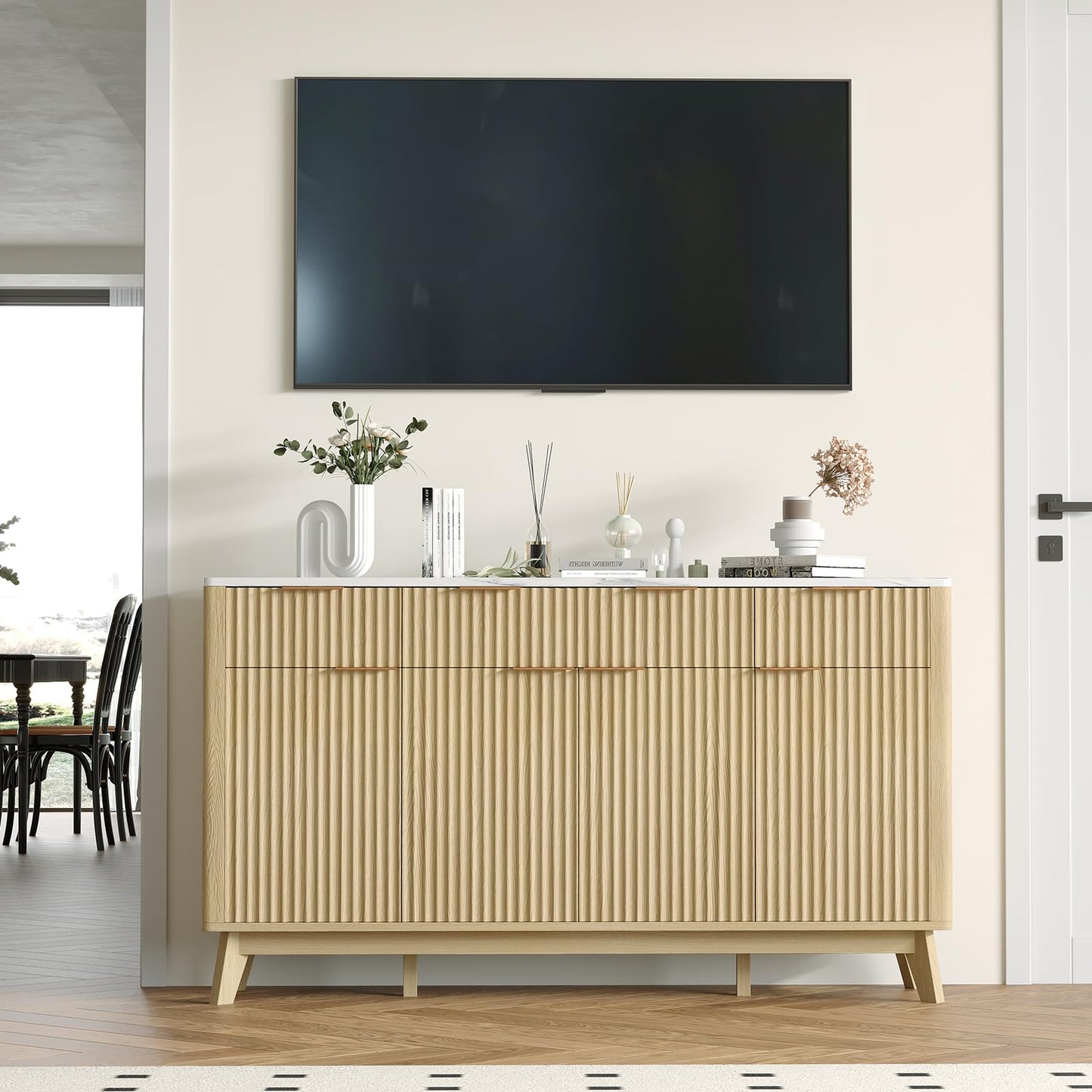 IDEALHOUSE 60" Large Farmhouse Sideboard Buffet Cabinet with Storage Drawers & Adjustable Shelves, Wood Fluted Buffet Storage Cabinet & Coffee Bar Console Table for Living Room & Kitchen Dining Room