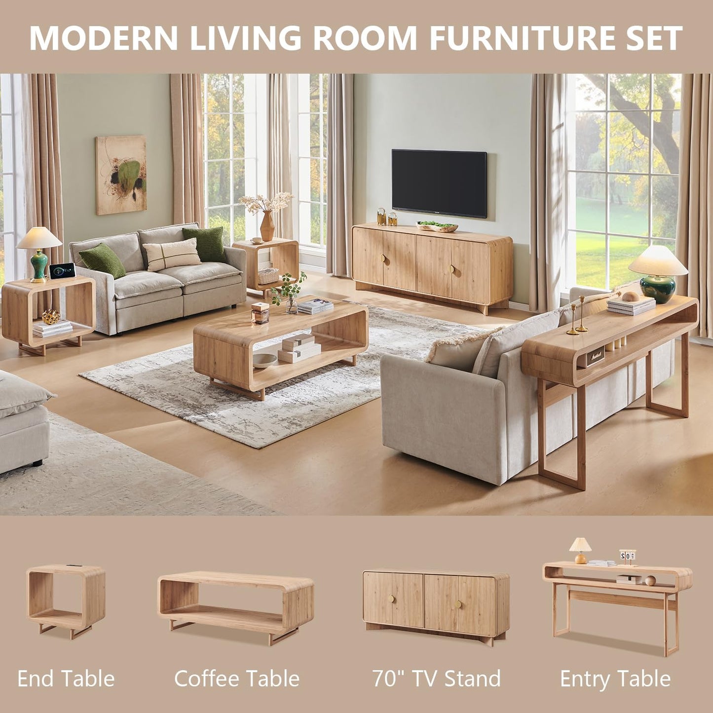 IFGET 70" Modern TV Stand for TVs Up to 80 inches, 30" Tall Entertainment Center with Storage and Adjustable Shelves, TV Console with Curved Profile Design, Media Console for Living Room, Natural Oak