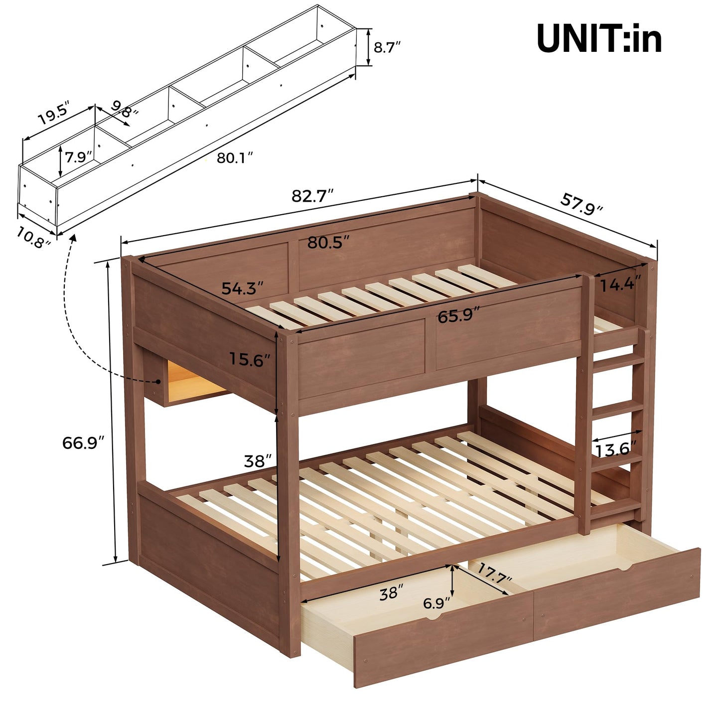 Merax Full XL Over Full XL Wood Bunk Bed Frame with Ladder,Storage Shelves & Drawers for Teens, Modern Low Bunk Bed with Solid Slats, Guardrail, No Box Spring Required, Easy Assembly, Brown