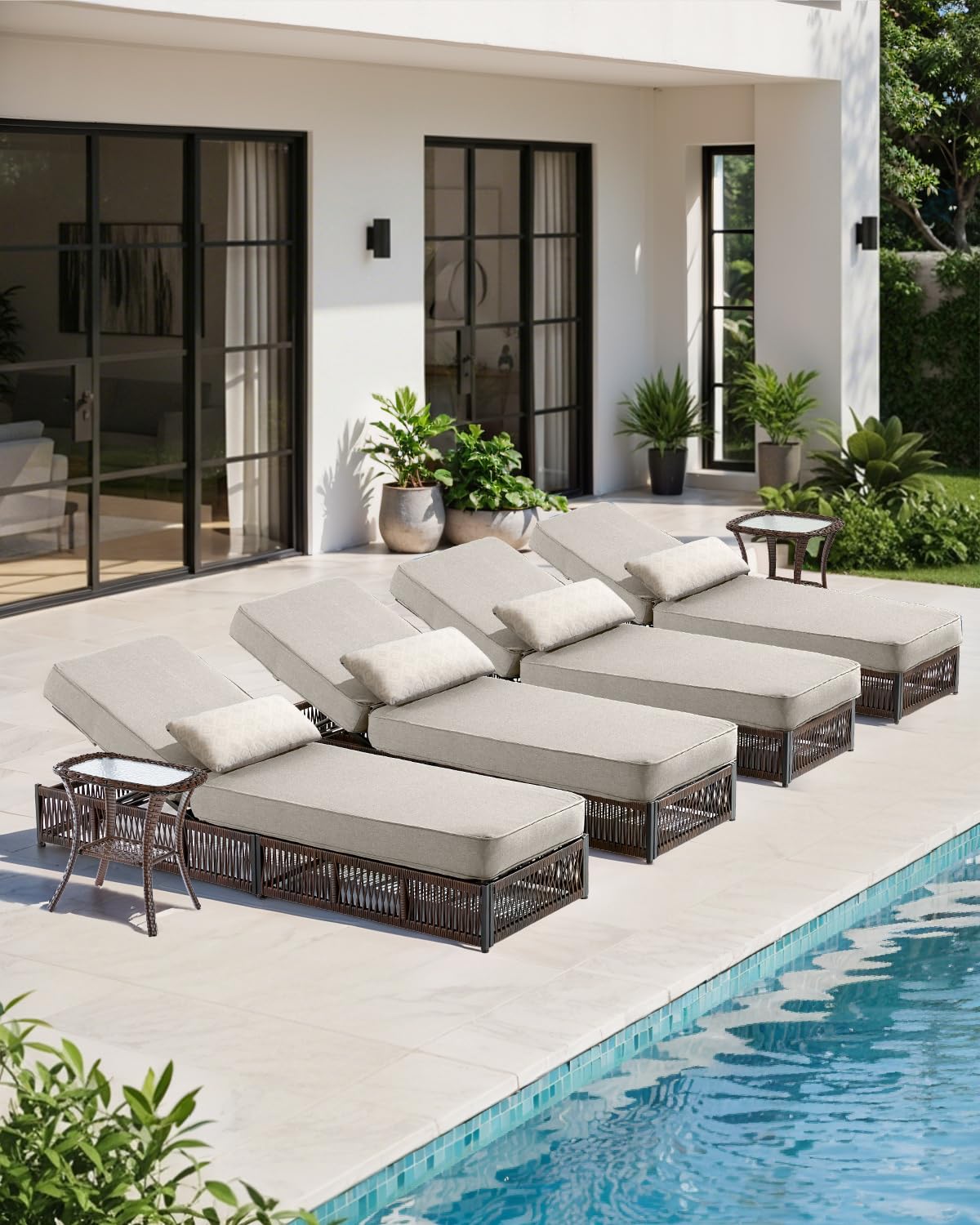 ACTREST Luxury Outdoor Chaise Lounge Chairs of 4 with 5 Inch Thick Cushions and Side Table - 6 PCS High Back Brown Wicker Rattan Patio Recliners Lounger Furniture Set for Poolside Sunbathing - Beige