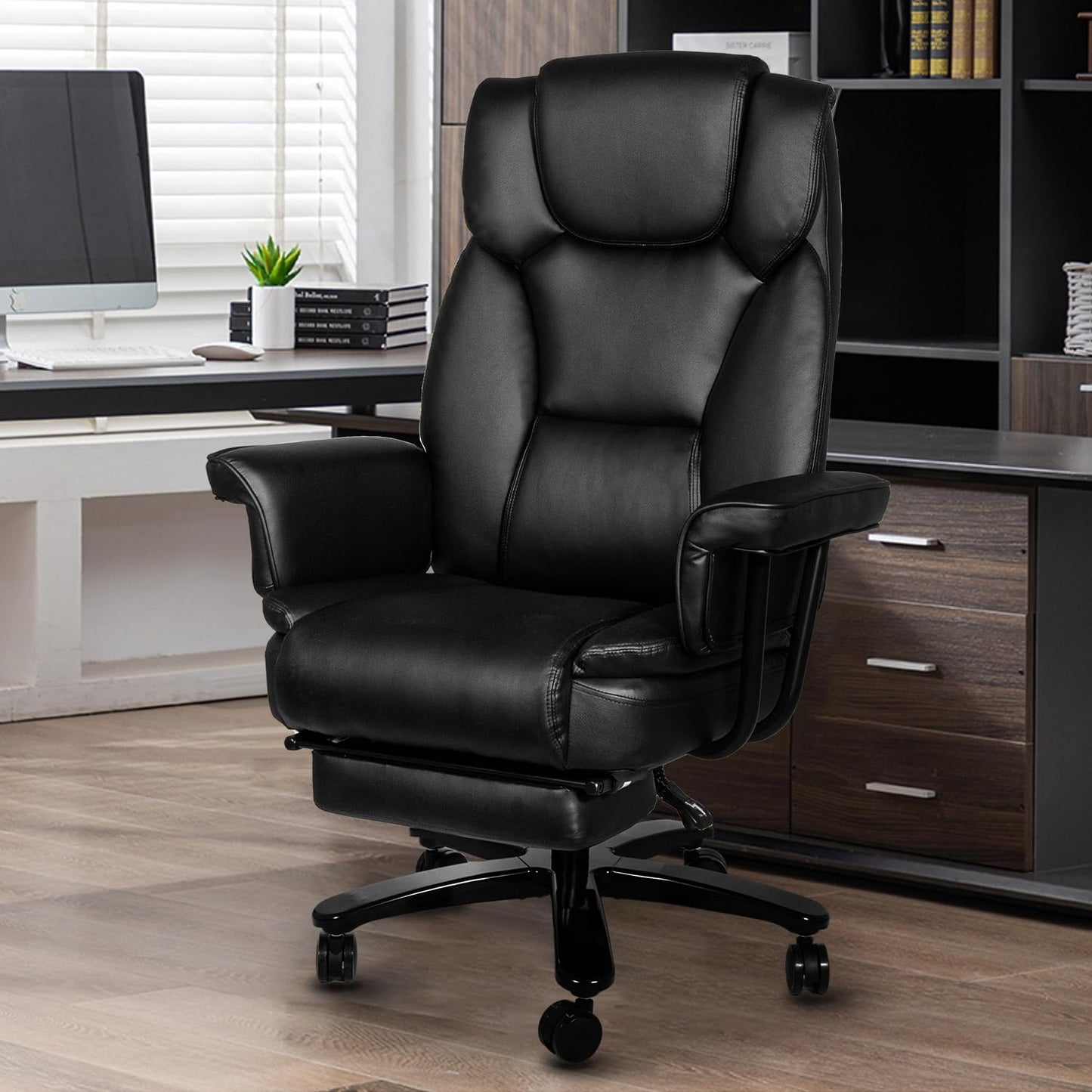 Sucrever Reclining Office Chair with Footrest, Big and Tall Home Office Desk Chairs 400lbs with High Back, Criss Cross Wide Seat, Heavy Duty Base, Pu Leather, Black