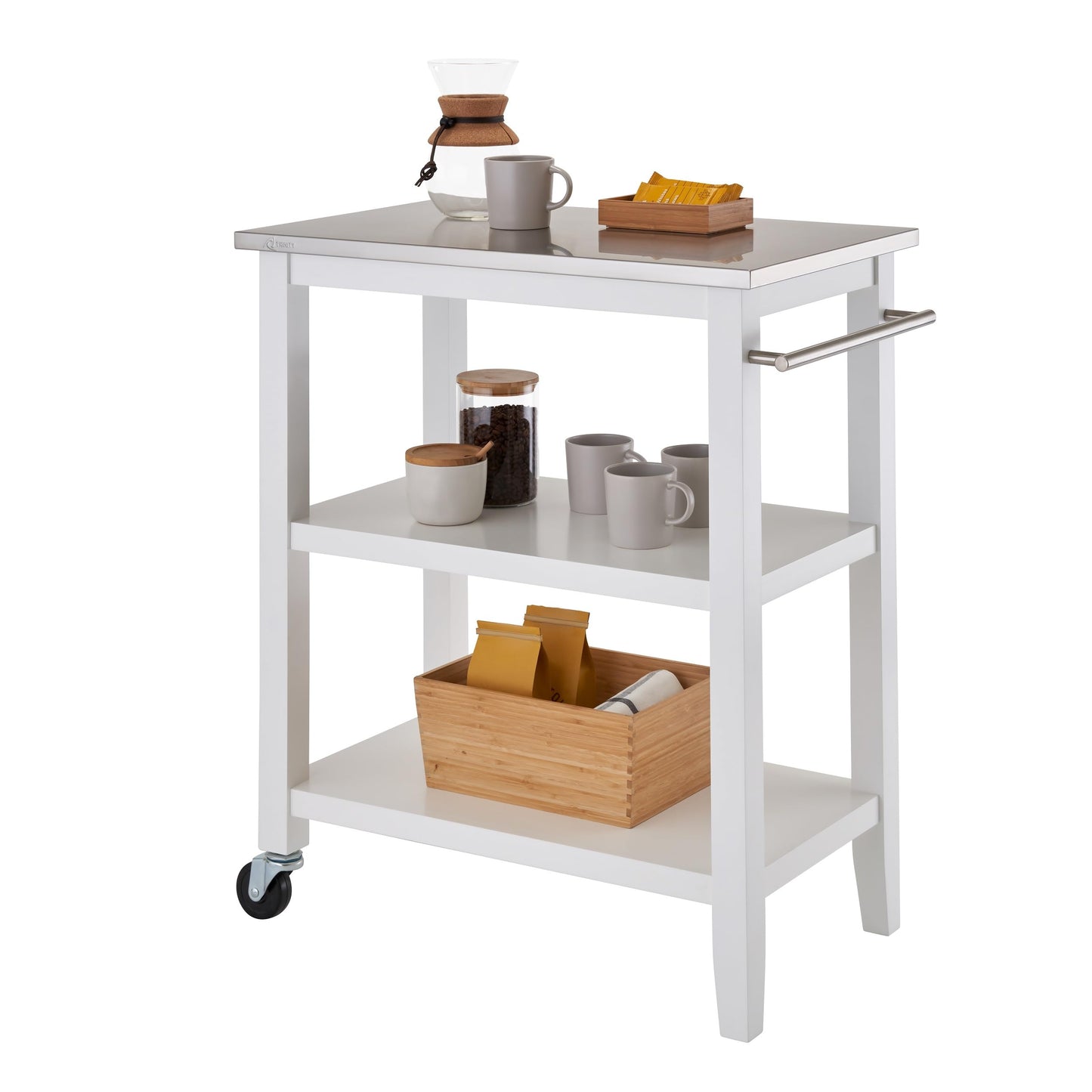 TRINITY 3-Tier Mobile Kitchen Island Storage Cart with Stainless Steel Top, 31.4" x 18" x 35", White