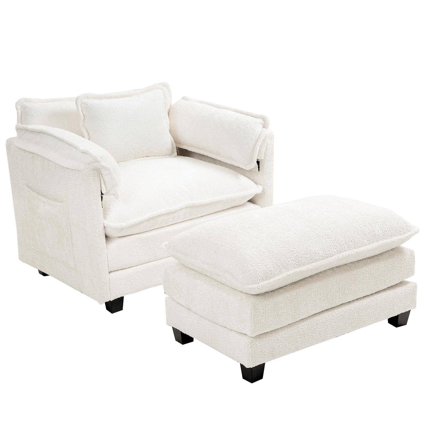 KEIKI Boucle Oversized Lounge Chair, Cozy Reading Chair with Storage & Ottoman, 40" W Modern Accent Chair W/Double Deep Cushion, Upholstered Armchair Seating for Living Room, Bedroom, Beige
