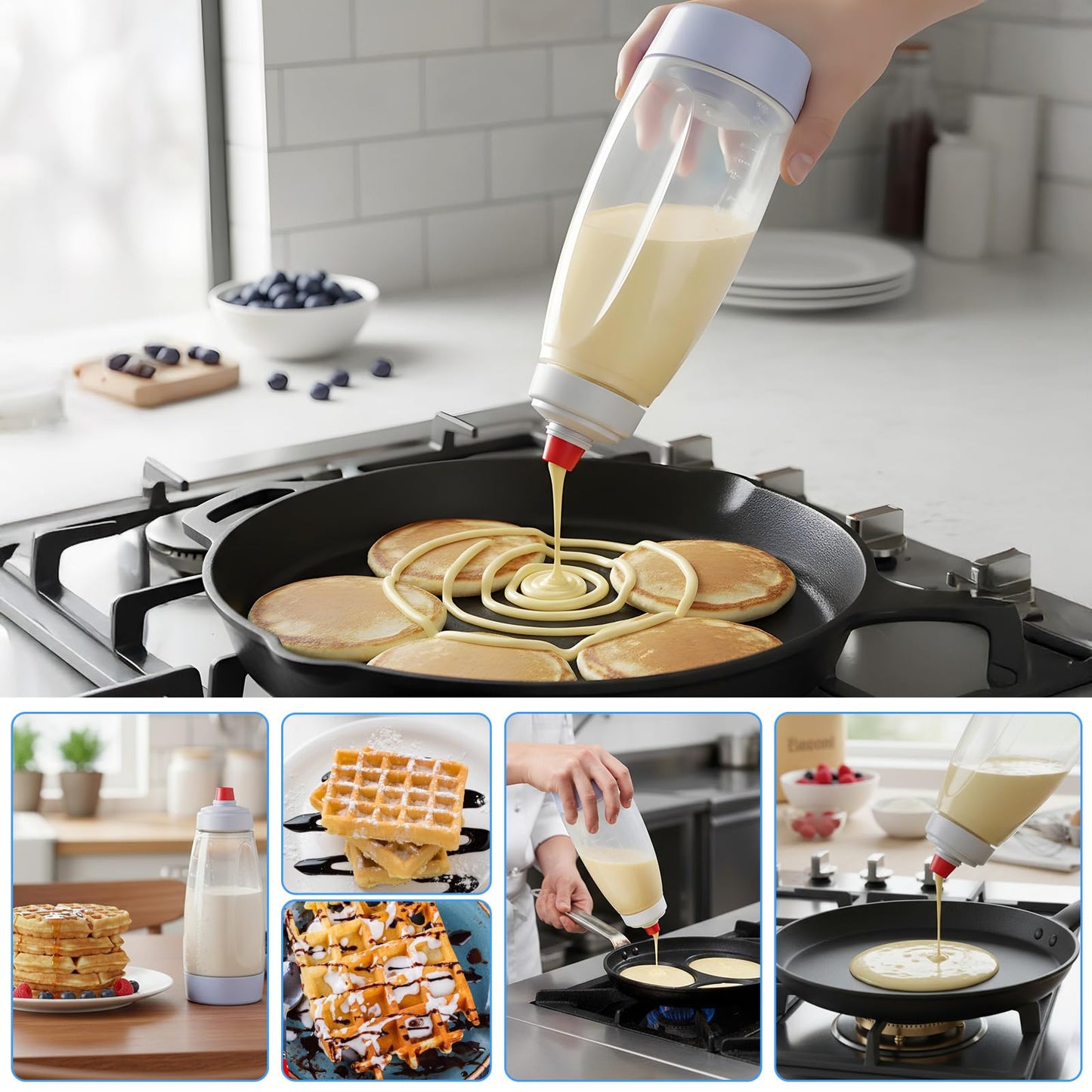 2-Pack Pancake Batter Dispenser and Mixer Bottles with Whisk Balls, 1000ml Large Capacity Squeeze Bottle for Pancakes, Cupcakes, Muffins, Crepes - Dishwasher Safe Baking Tool