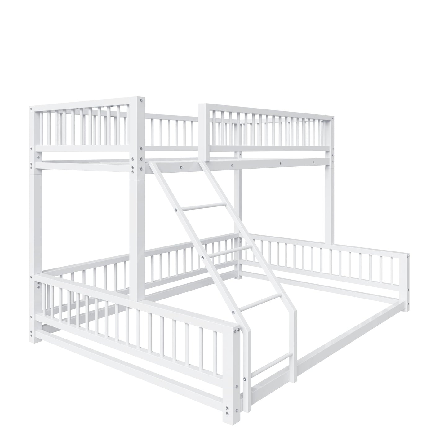 Bellemave Metal Twin XL Over Queen bunk Bed, Floor Twin XL Over Queen Bunk Bed Frame with Ladder and Safety Guardrails, White