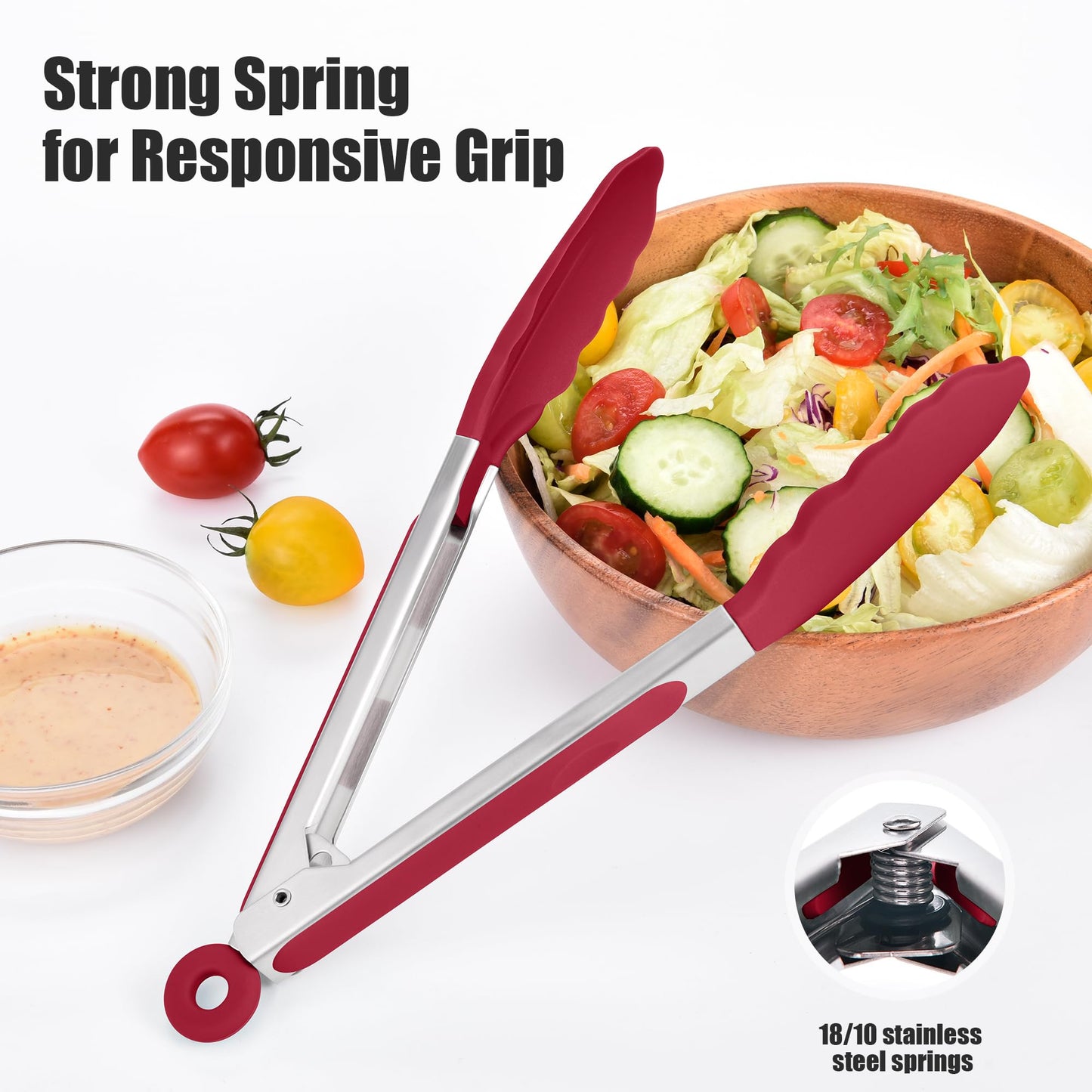 Doosu Kitchen Tongs for Cooking - 600°F Heat Resistant Food Tong with Non-Scratch Silicone Tips, Heavy Duty Stainless Steel Locking Tong for BBQ, Grilling Steak, Serving Salad, Pasta (9in, Red)