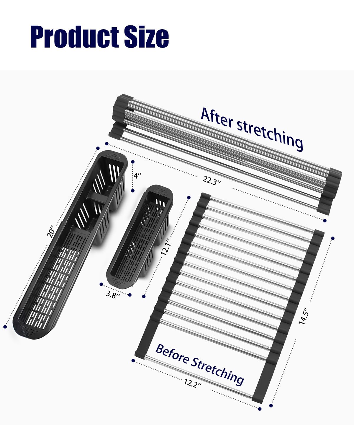 CLNGAI Roll Up Dish Drying Rack,Expandable Over The Sink Dish Drainer,Stainless Steel Kitchen Rolling Sink Rack with Utensil Holder,Length Up to 22.3" (Black)