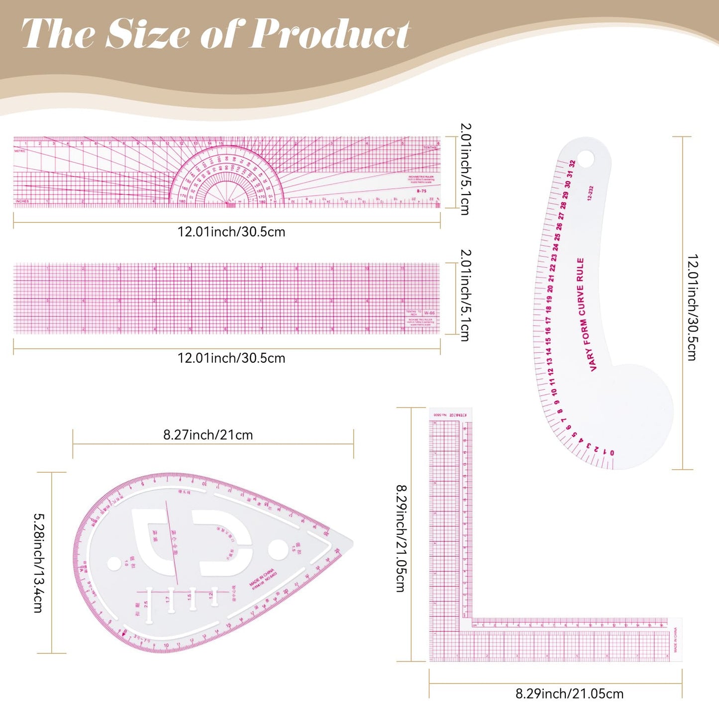 CINDALOG Clear Metric Sewing Ruler Set French Curve Pattern Ruler Kit for Beginners Tailors Designers Dress Makers Ruler Precision Quilting and DIY Supplies Perfect for Drawing, Craft, Sewing (9)