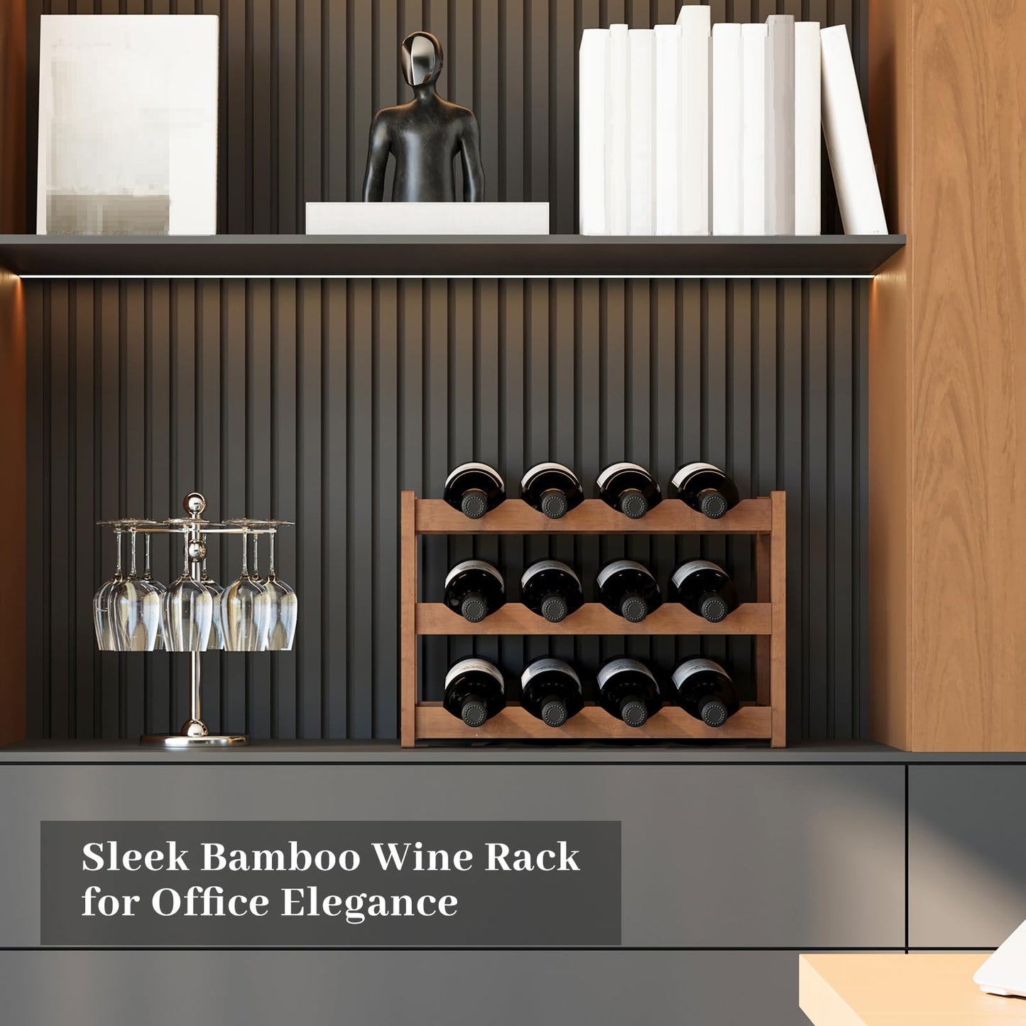 AUGOHCMIL Wine Rack,Bamboo Wine Storage Cabinet Shelf,Countertop Wine Shelf- Freestanding Wine Holder for Kitchen & Pantry (Brown, 3-Tier)